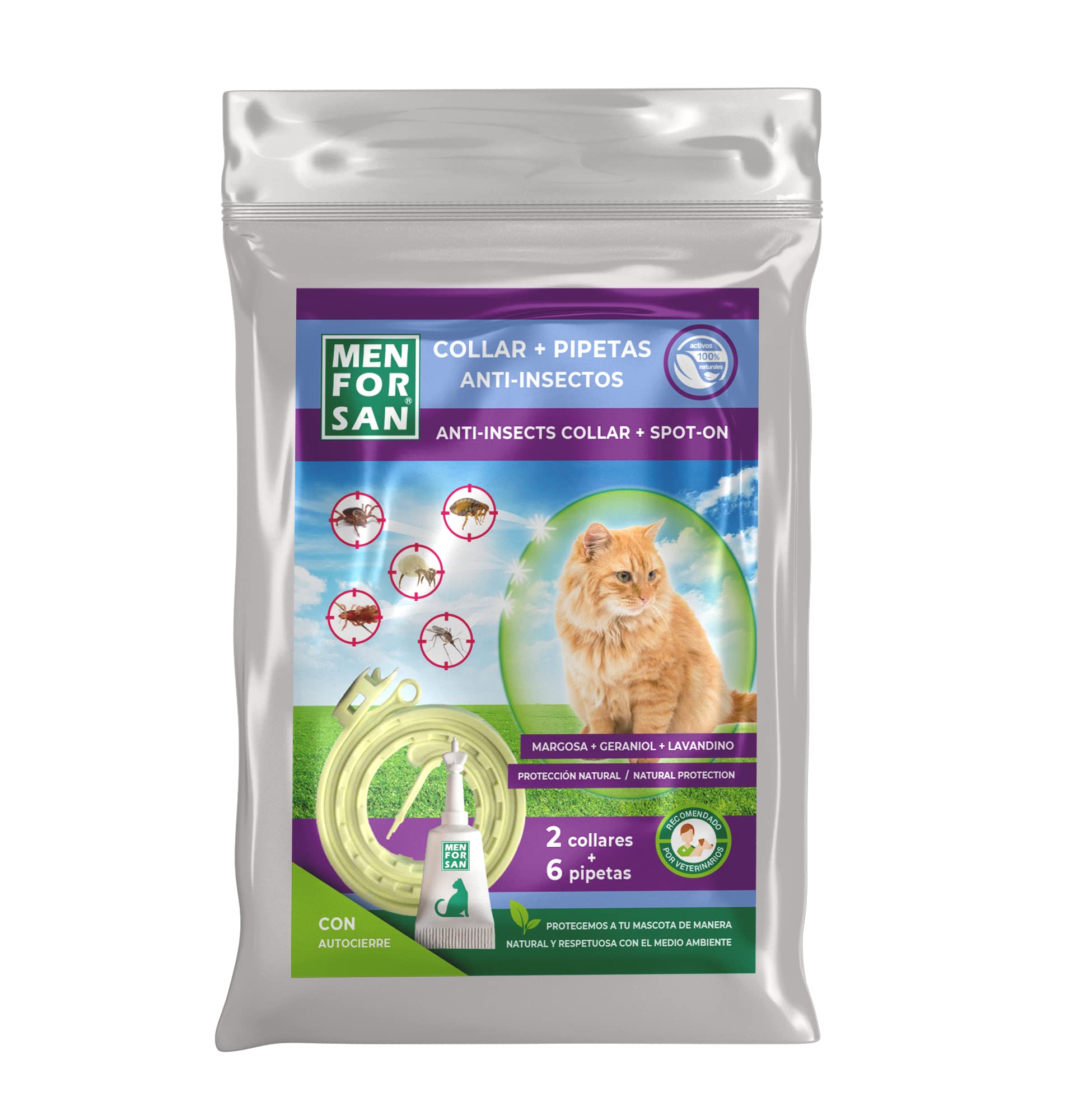 MENFORSAN Pack Mix de Collares y Pipetas Anti-Insectos para Gatos, Incluye 2 Collares y 6 Pipetas, en Bolsa Autocierre