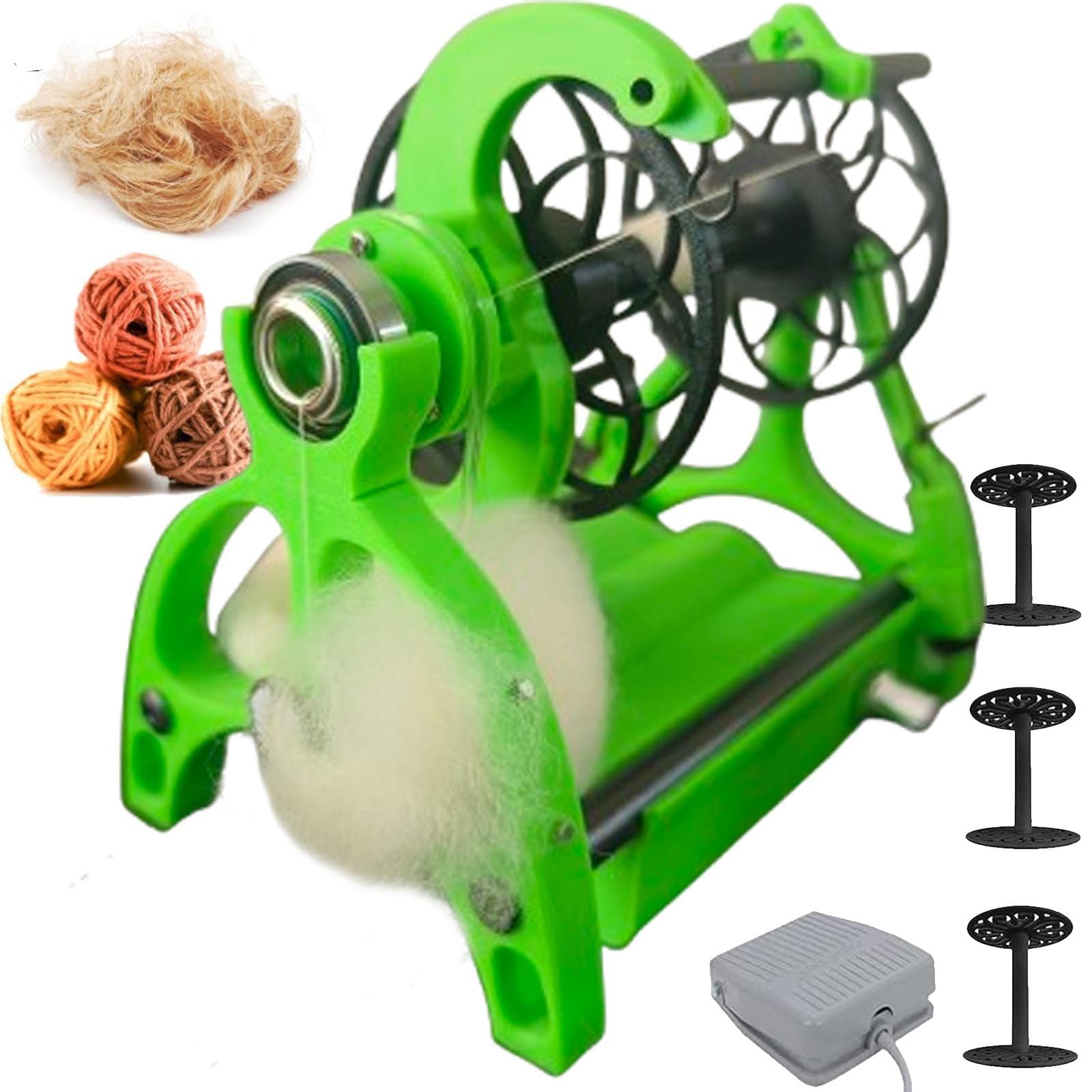 menglanchang Smart Yarn Spinner Machine- Electric Spinning Wheel - 120g Capacity Pet Hair Spinner With Foot switch & 3 Spools,12v Drum Carder- Forward/Reverse Switch,Adjustable Speed,Green