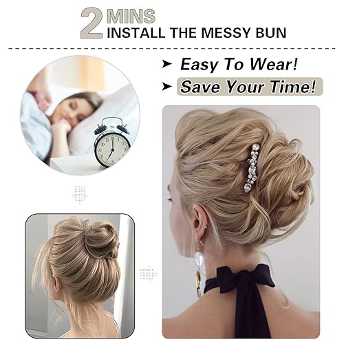 Miniatura 4 de HMD 5 piezas de moño despeinado para mujer, extensión de cabello con banda de goma elástica, extensión de cabello largo y desordenado, juego de