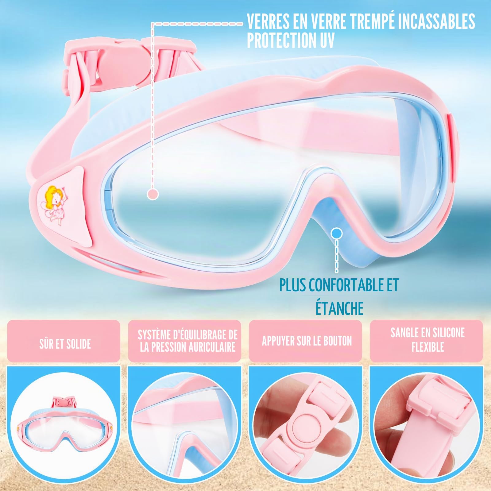 Lunettes de natation pour enfants de 3 à 15 ans, anti-buée, étanches, masque de plongée panoramique à 180°, anti-fuite, masque de plongée pour garçons et filles