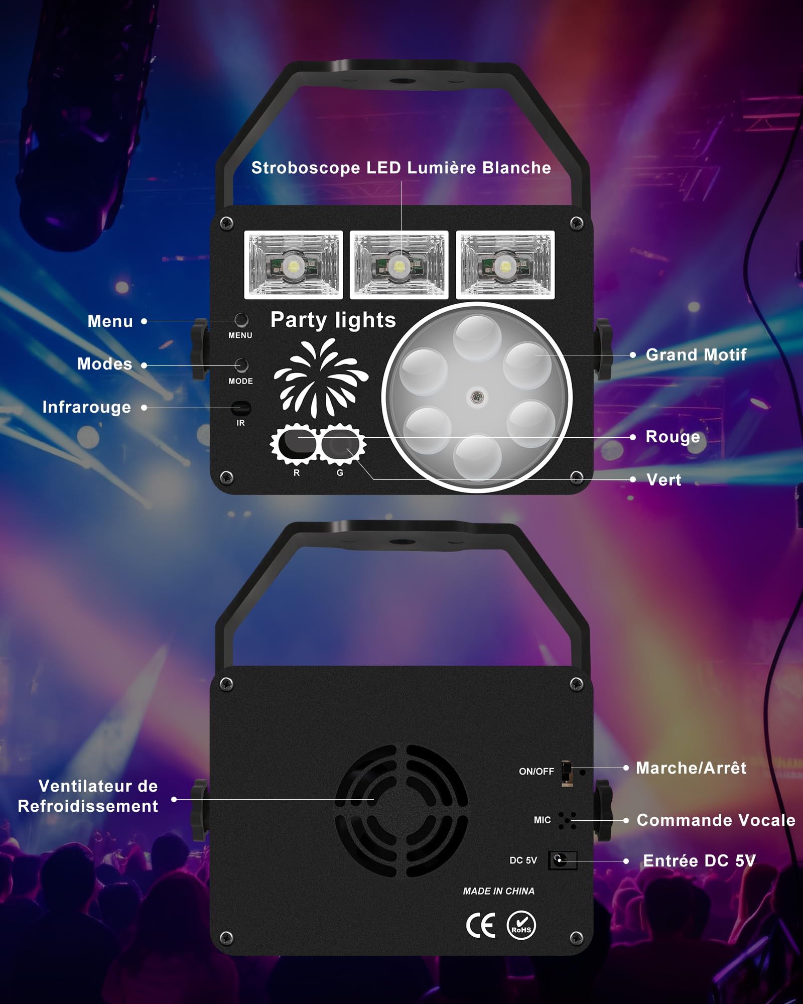 Jeux de Lumiere pour Soiree, Jeu de Lumiere Disco Contrôlée par Musique, Jeu de Lumiere Soiree DJ avec Télécommande, Lampe de Scène avec Câble USB pour Halloween, Fête, Noël
