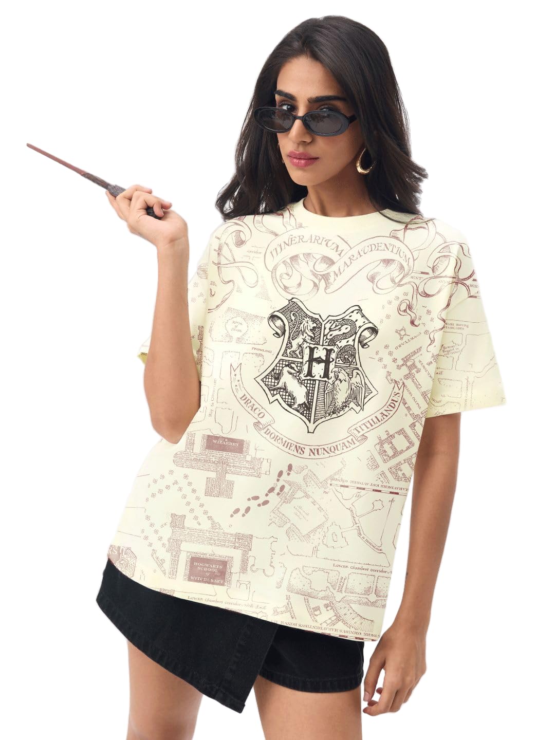 the souled store Harry Potter: Marauder's Map Women and Girls Short Sleeves Round Neck Light Yellow Graphic Printed Cotton Lightweight Everyday Streetwear Oversized T-Shirt-picture-48