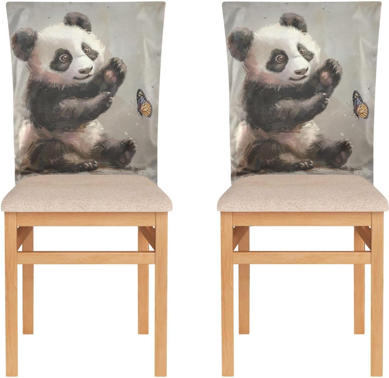 ALAZA Panda Play with Butterfly Chair Back Cover Set of 6, Washable Reusable Removable Chair Slipcovers Decorative Chair Cover for Home Kitchen Wedding Party