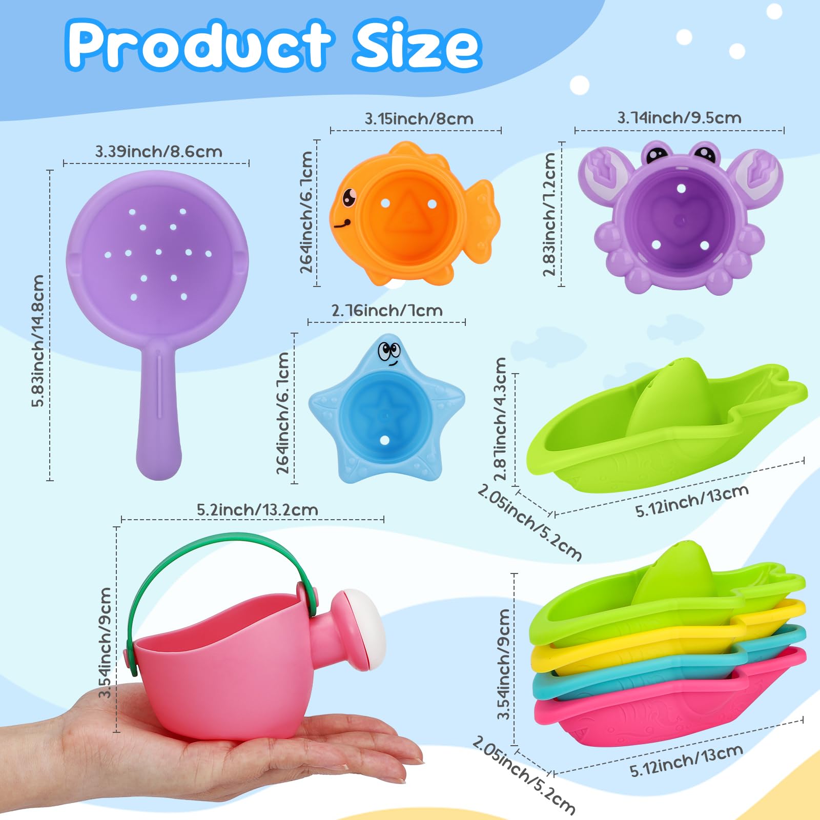 Juguetes de baño para bebés de 1 a 3 años, 9 piezas, juguetes de baño para niños pequeños, flotantes, sin moho, juguetes de ducha para niños de 12 meses o más, regalos de Navidad y cumpleaños 6