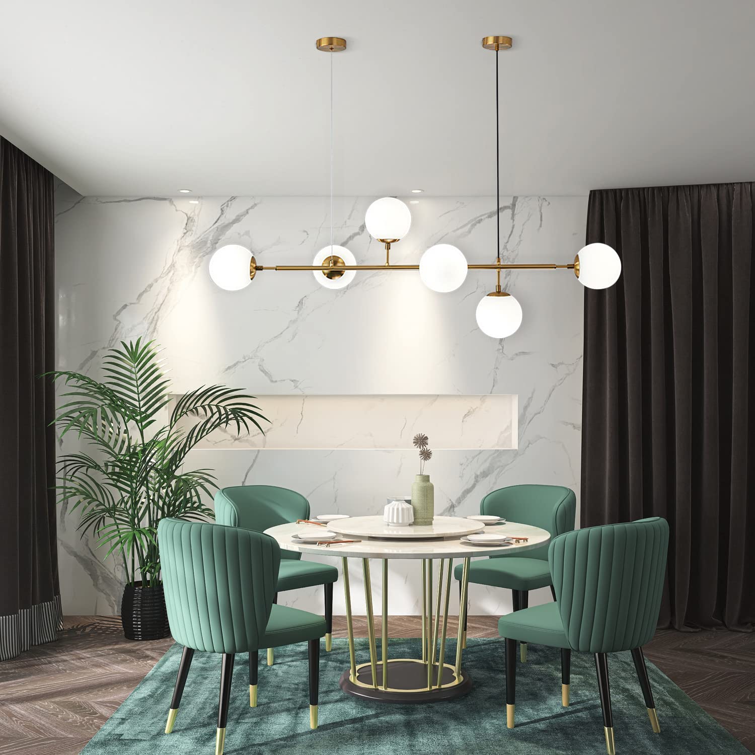 KCO Modern Ceiling Pendant Lighting, Mid-Century Glass Globes Sputnik Pendant Lamp, LED 6-Light Hanging Adjustable Chandelier for Kitchen Island Living Dining Room (Gold+White)