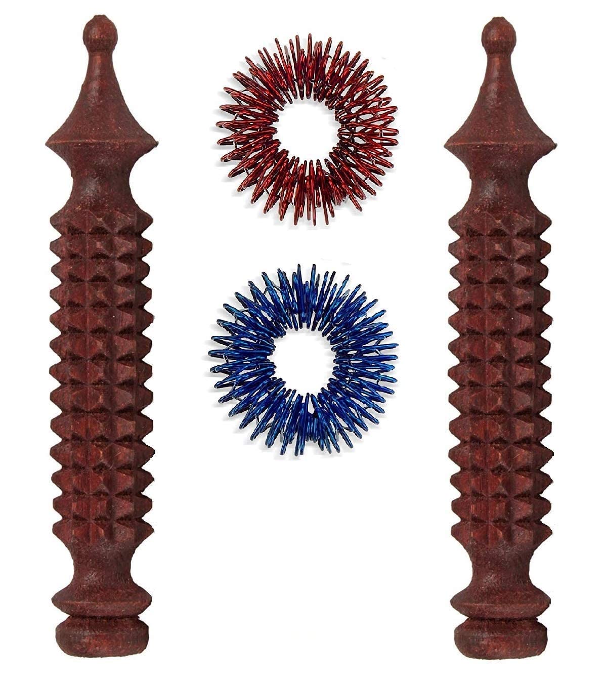 Acupressure Wooden Jimmy Probe Therapeutic Stick Handheld Massager, 2 Pc and Sujok Finger Ring, 2Pc (Multicolour)