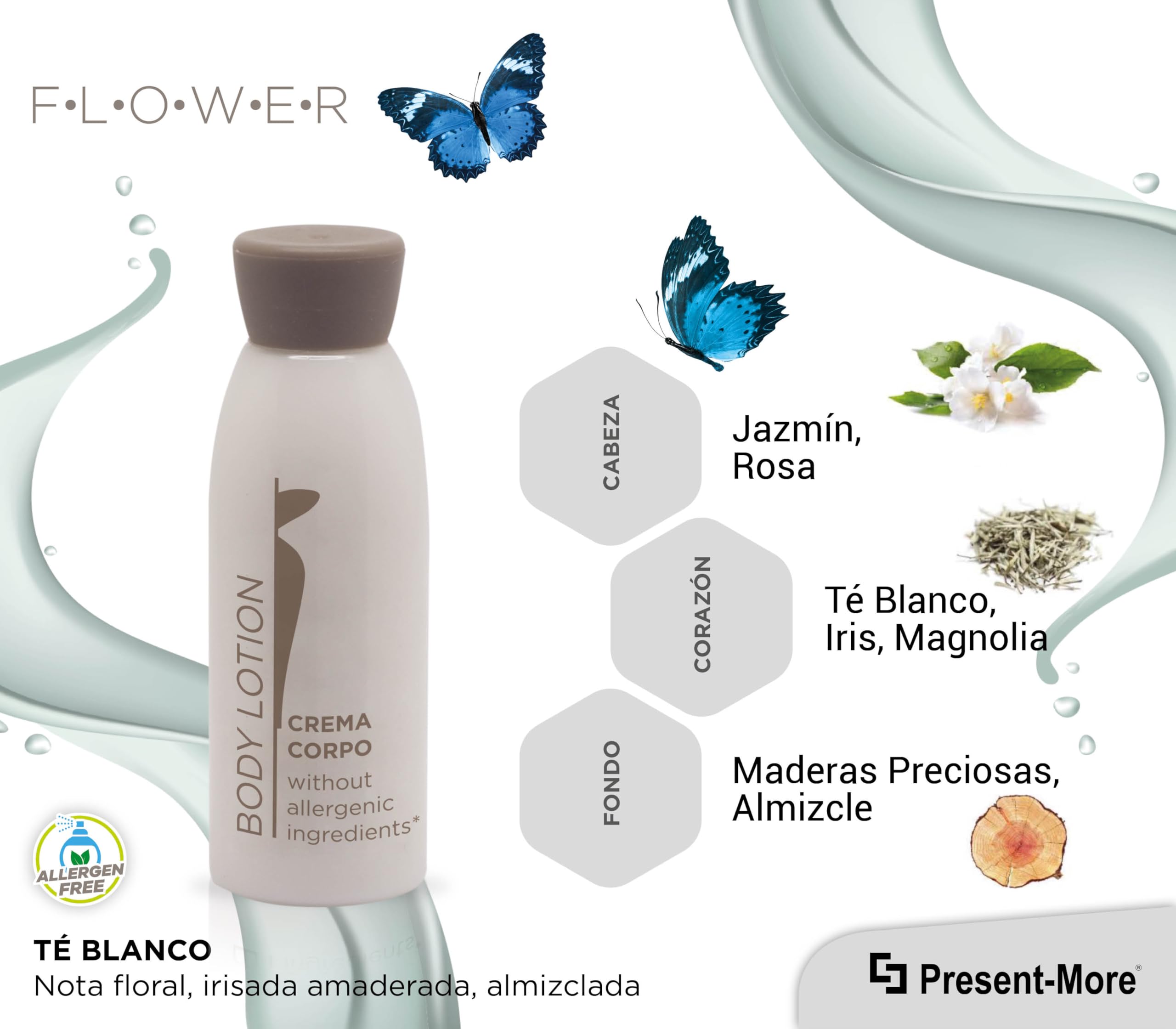 Present-More Crema corporal 30ml Flower - Crema cuerpo 250 unidades para Hoteles y B&B | Crema cuerpo sin alérgenos con aroma a Tè