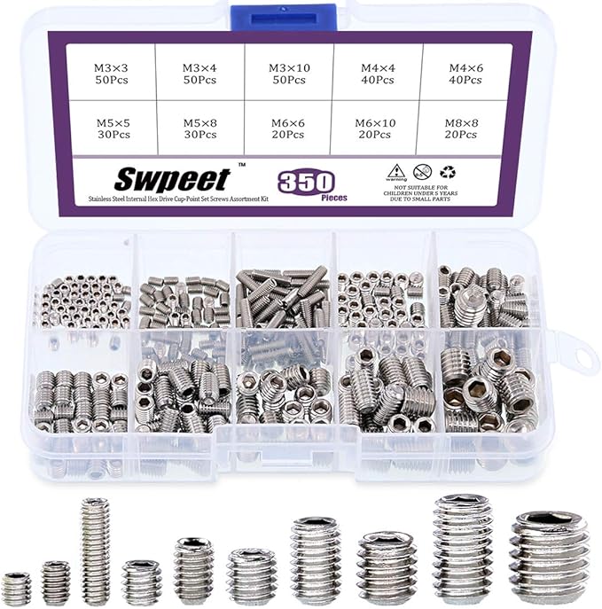 Swpeet 350 Pcs Stainless Steel Allen Head Socket Hex Grub Screw