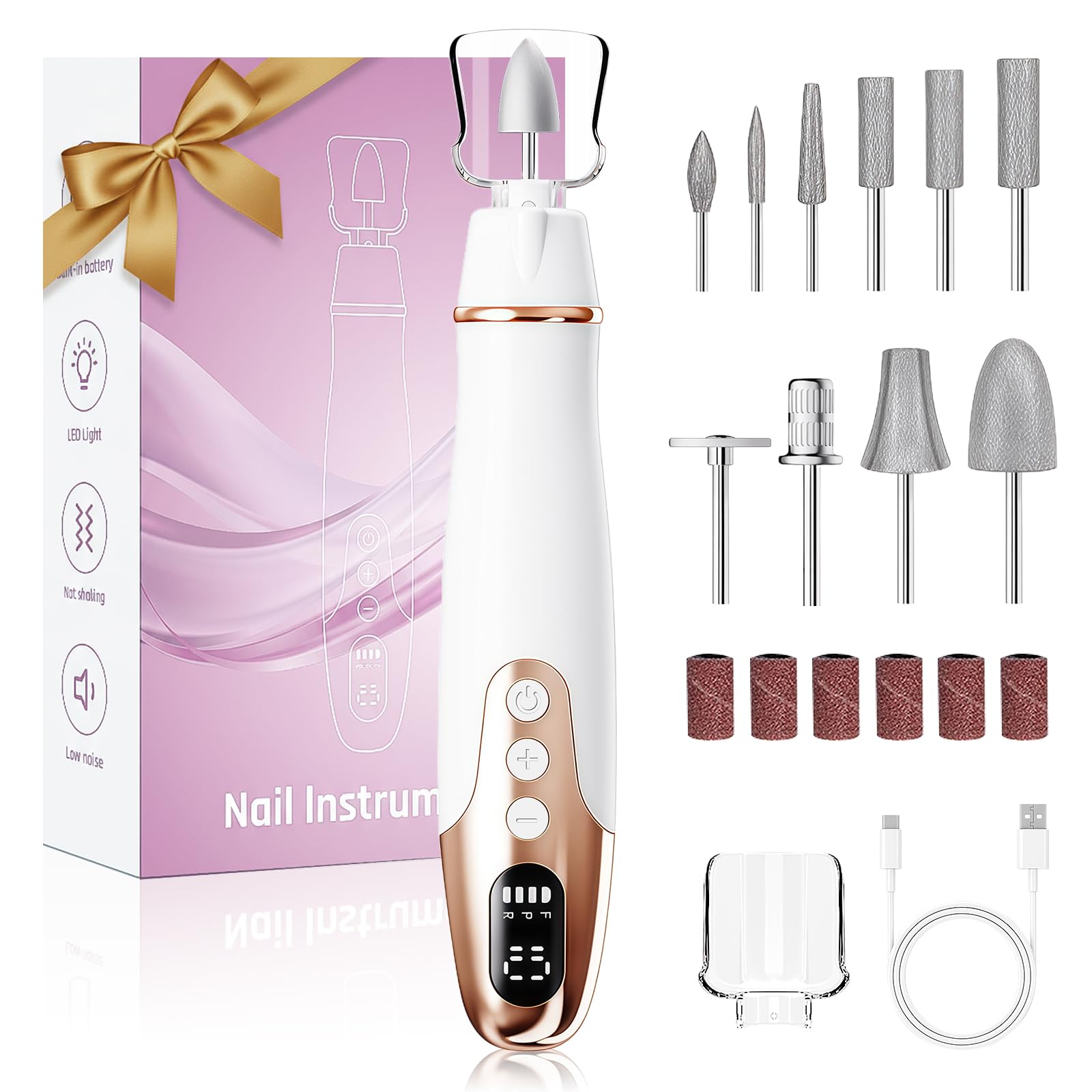 Fresa per Unghie Professionale 35000 Giri/Min – Lima Elettrica per Unghie Senza Fili con 10 Velocità, Luce LED e Display LCD, USB Ricaricabile – Set Manicure e Pedicure per Mani e Piedi
