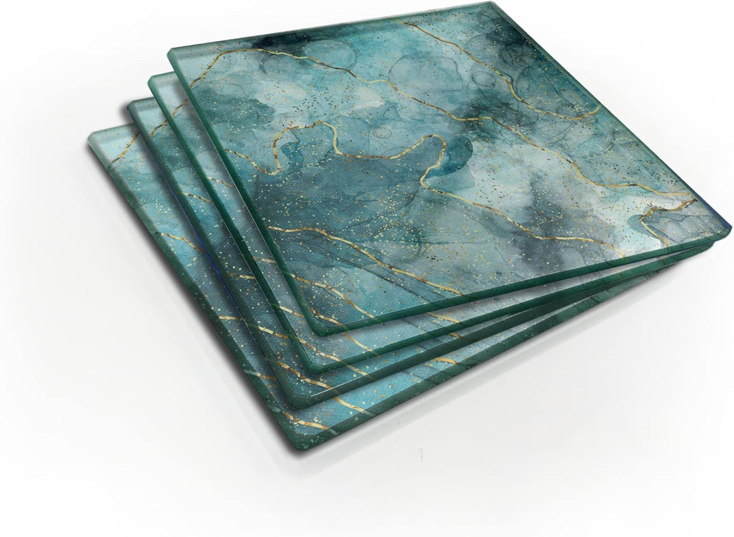 Set of 4 Clear Glass Coasters with Teal Marble Print Size 10cm x 10cm