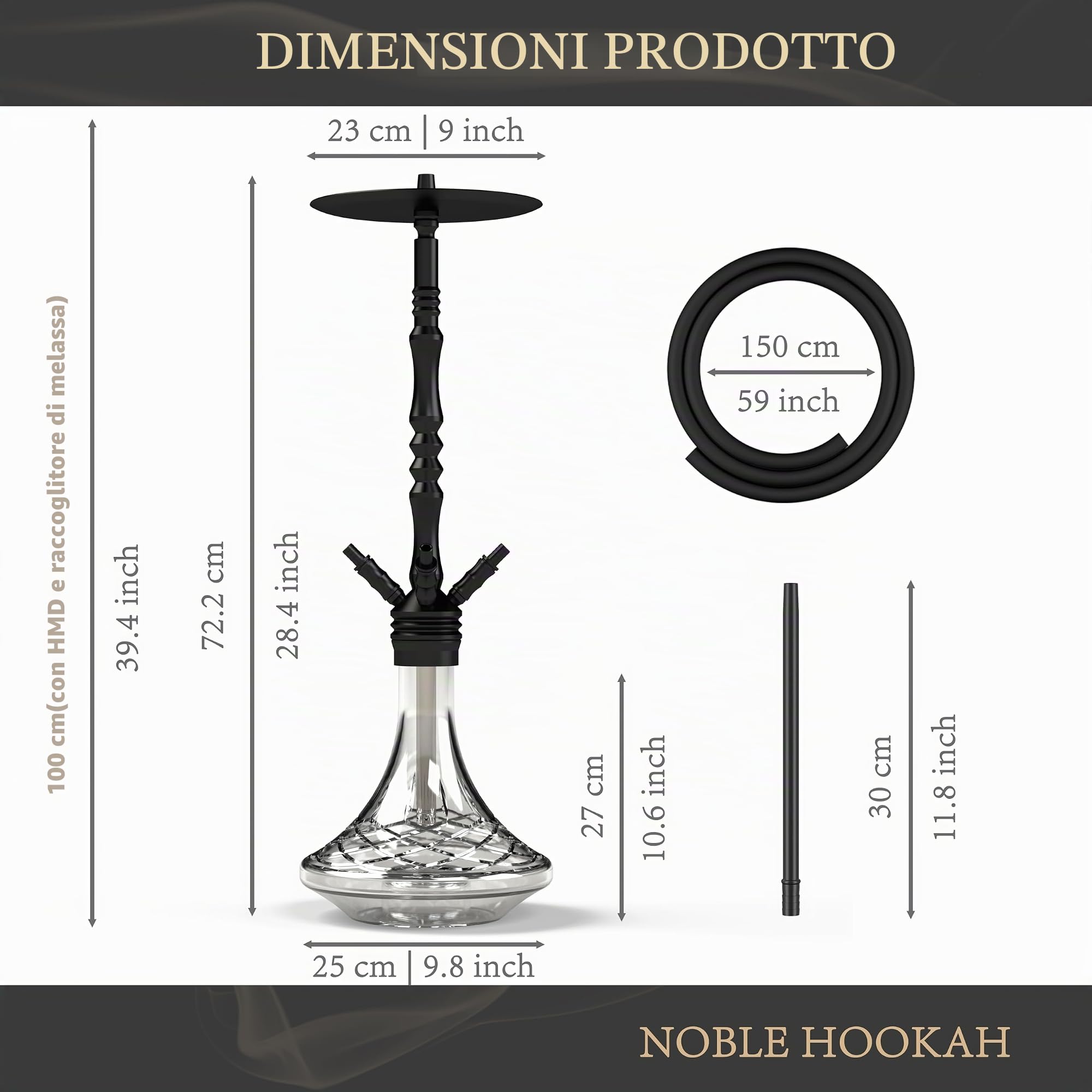 NOBLE HOOKAH Narghilè Completo 100cm Shisha, con Molasses, Tubi 150cm, Accessori Narghilè Pinze Carbone Testa con 4 Tubi, 4 Connettori, 4 Bocchini
