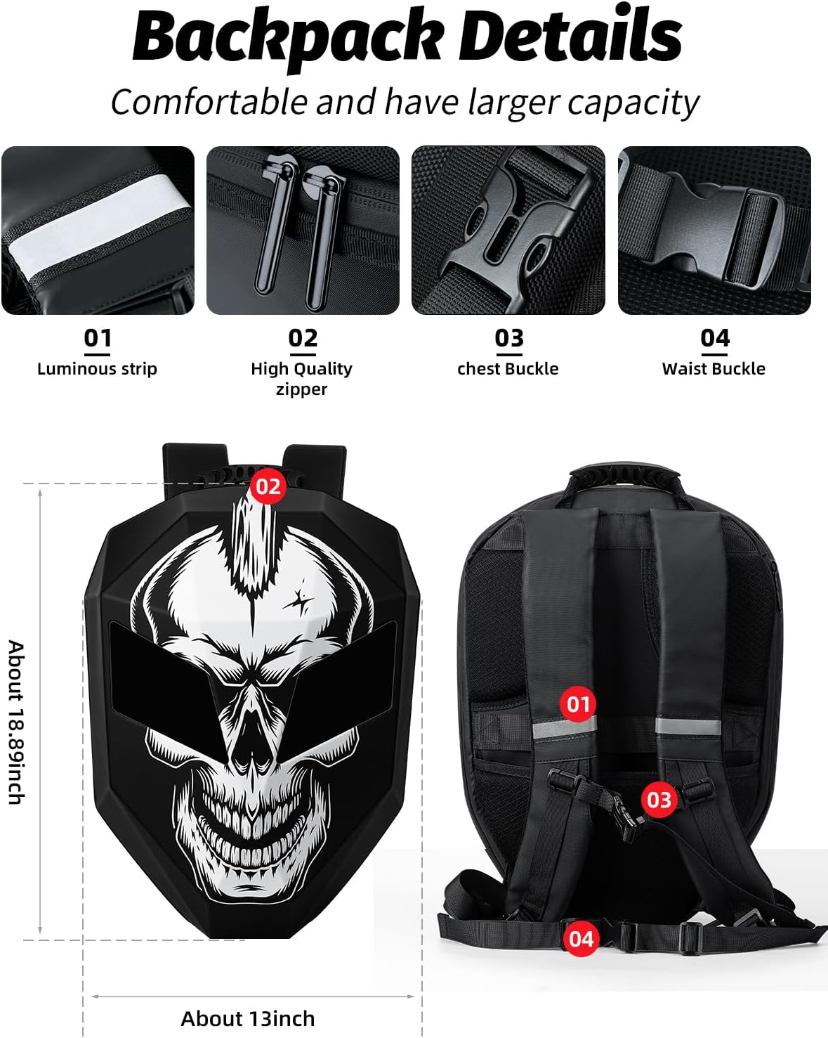 Gelrova Motorcycle Backpack with LED Eyes, App Control Waterproof Hard Case Motorbike Bag, DIY Laptop Backpack for Riding, Cycling, Travel, Large Size 19inch, Goth Skull Knight