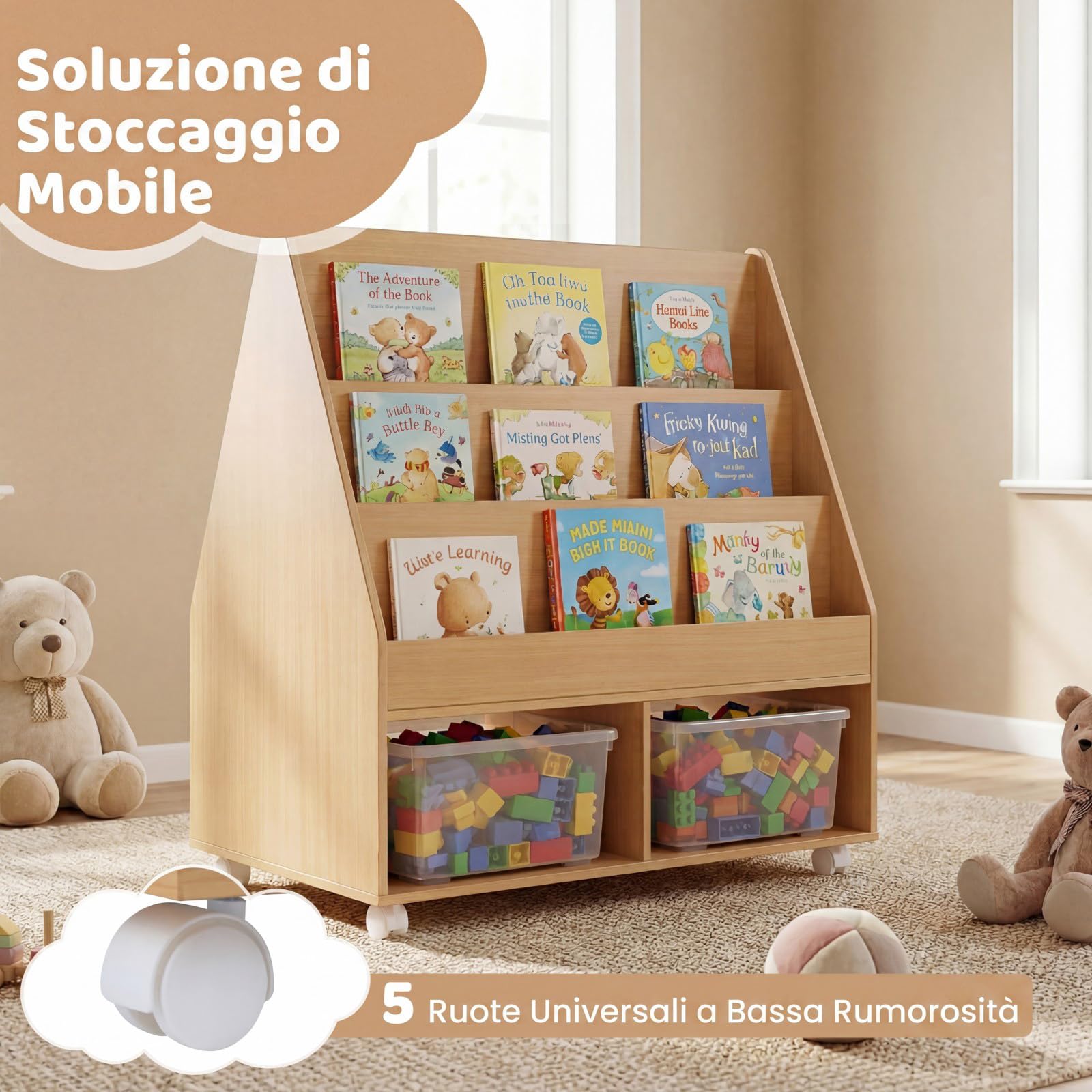 COSTWAY Libreria Montessoriana per Bambini, Scaffale per Giocattoli in Legno con Lavagna e 5 Ruote, Libreria a 3 Ripiani e Scomparti, per Cameretta e Asilo Nido, 90 x 45,5 x 87 cm (Naturale)