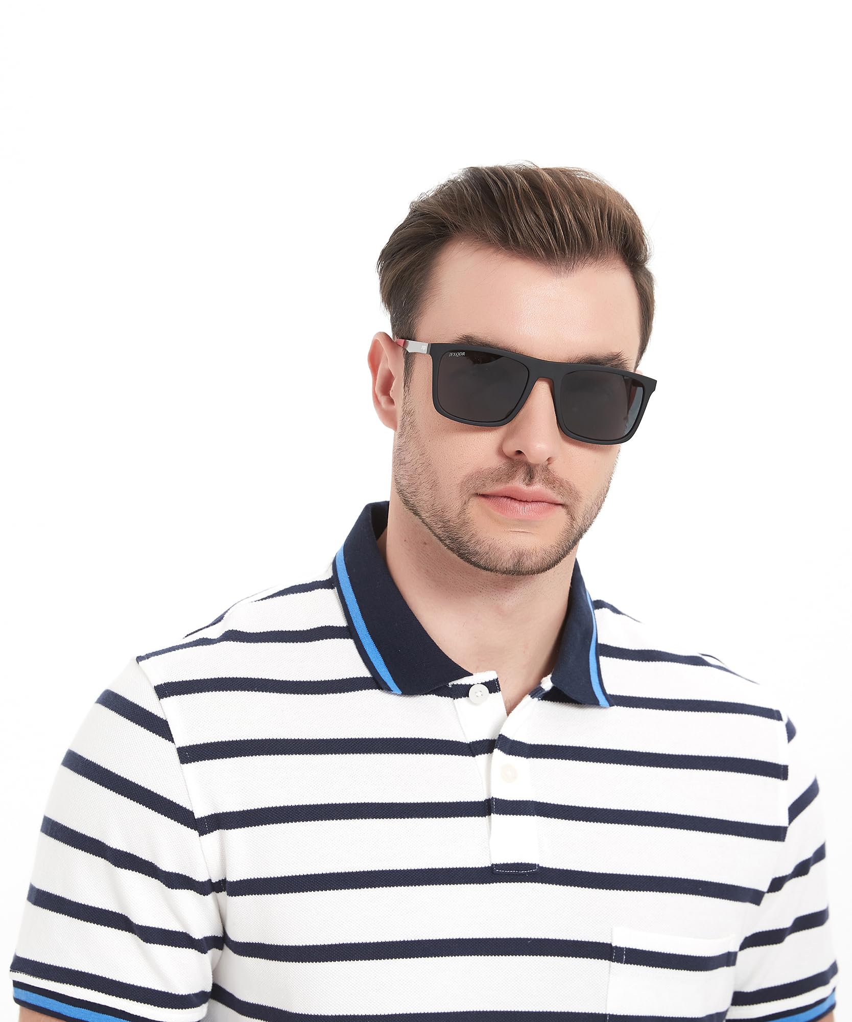 Gafas de sol polarizadas para hombre, marco de goma cuadrado de fibra de carbono, templo de pesca, conducción, protección UV, RFS8205, Lente plateada espejada con marco negro, Grandes 2