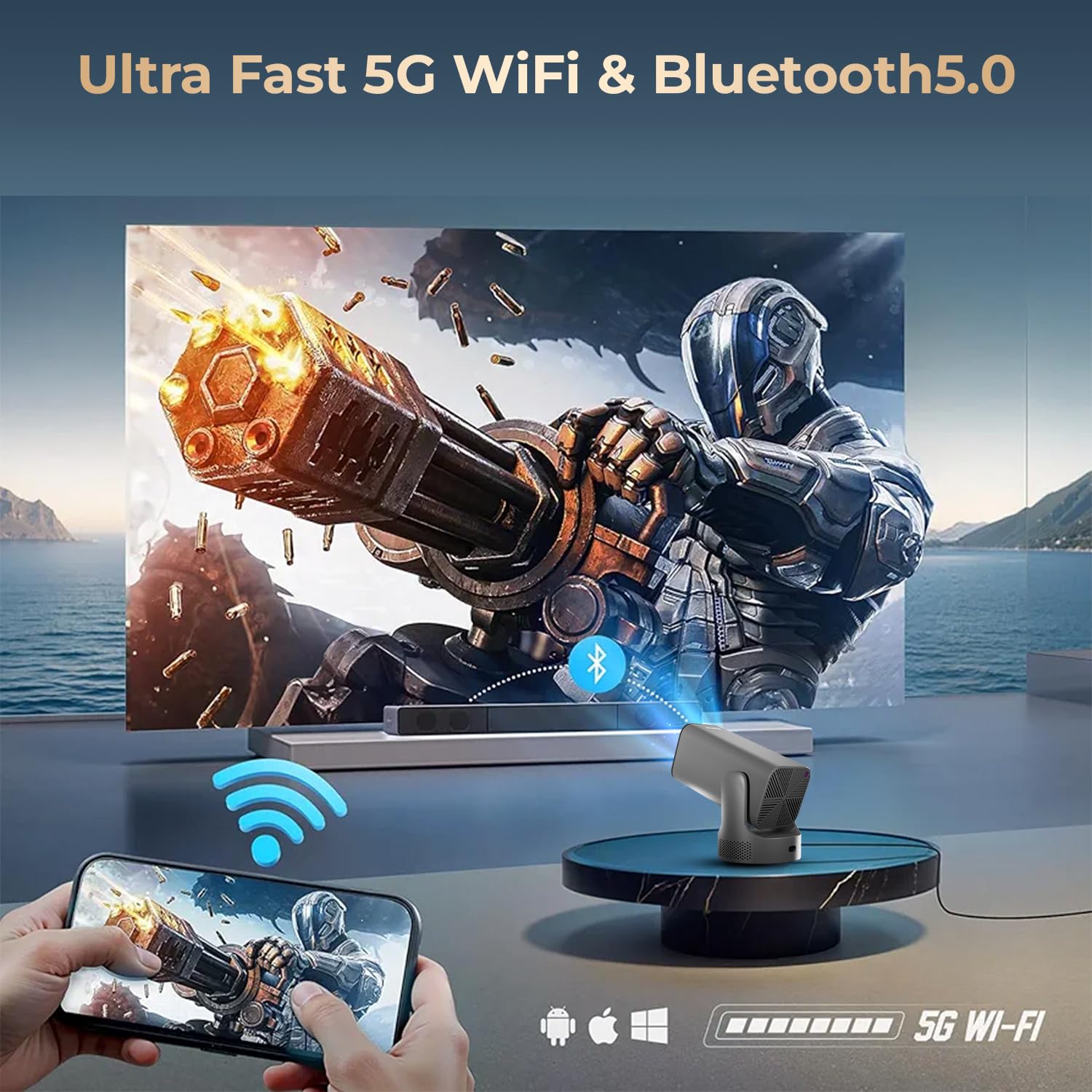 WZATCO Yuva Go Max, Android 13, Fully Automatic, Projector 4k Ultra HD, Native 1080P, Live TV, ARC, WiFi 6 & BT, Screen Mirroring, 11000 Lumens, Portable Room Cinema, Grey — Amazon image 7