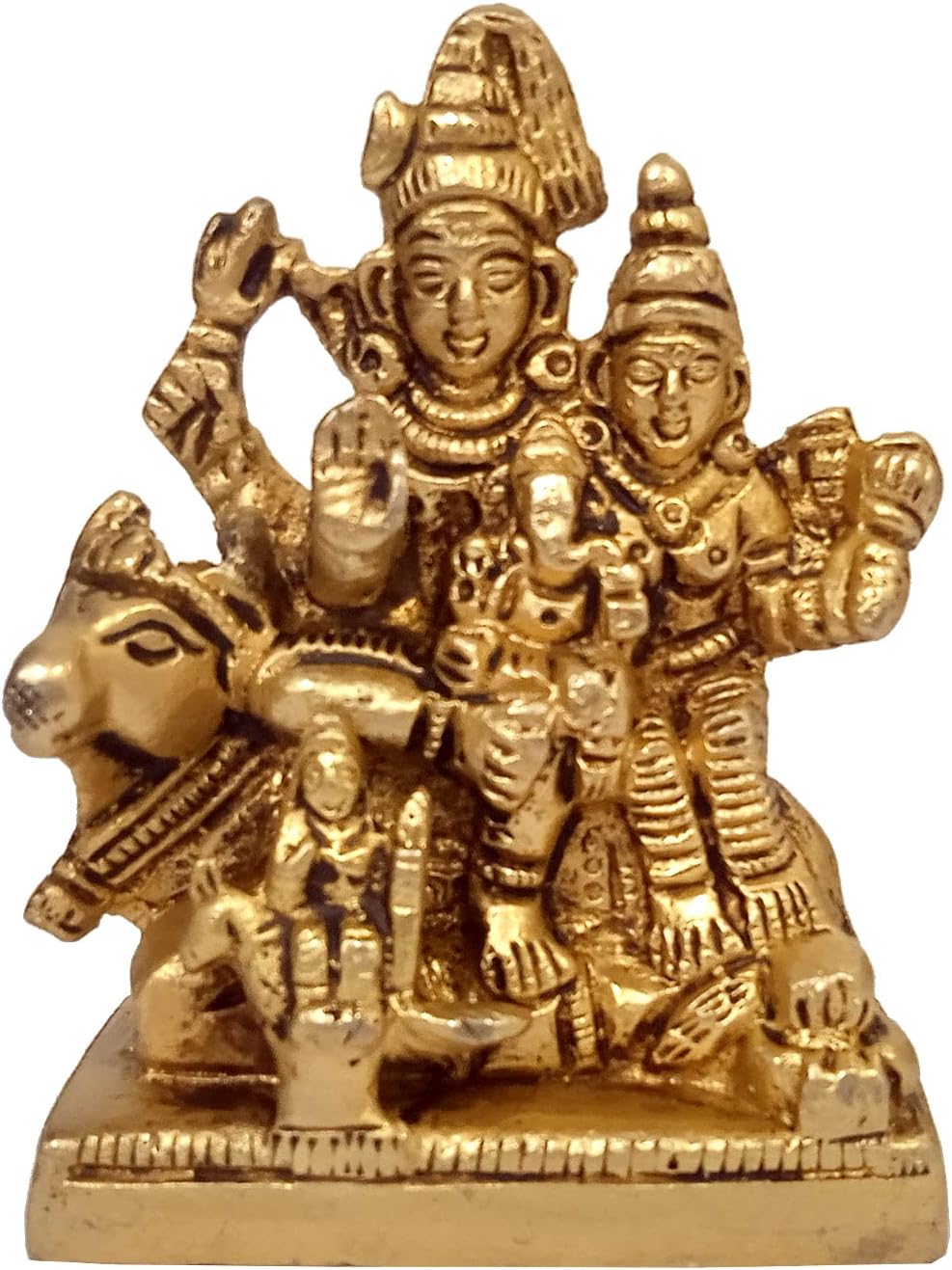 Purpledip Brass Idol Shiva with Parvati, Ganesha, Karthikeya and Nandi: Vintage Statue for Home Temple (10382A)