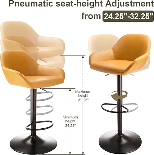 Miniatura 21 de Glitzhome Mid Century - Juego de 2 taburetes de bar ajustables de cuero giratorio vintage con respaldo y reposapiés, taburetes de bar modernos de