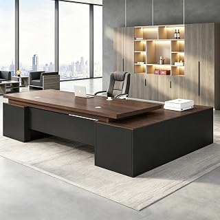 Executive Office Desk, L Shaped, 2.5CM thick tabletop, solid wood board, with side cabinets and wire holes, Drawer with lock, For Executive Desks,Boss Table,Computer Desk,Home Office Furniture