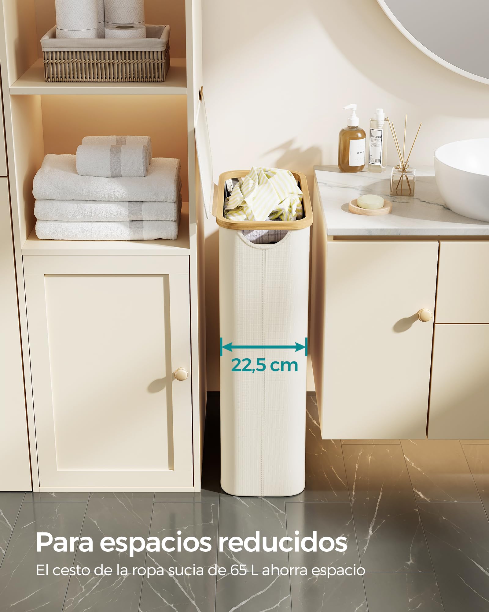 SONGMICS Cesto de Ropa Sucia con Tapa, Cesta Ropa Sucia Delgada, 65 L, Ahorra Espacio, Forro de Malla Extraíble, Tejido Oxford, Asas Bambú, Plegable, 42 x 22,5 x 70,5 cm, Blanco Crema LCB506W01