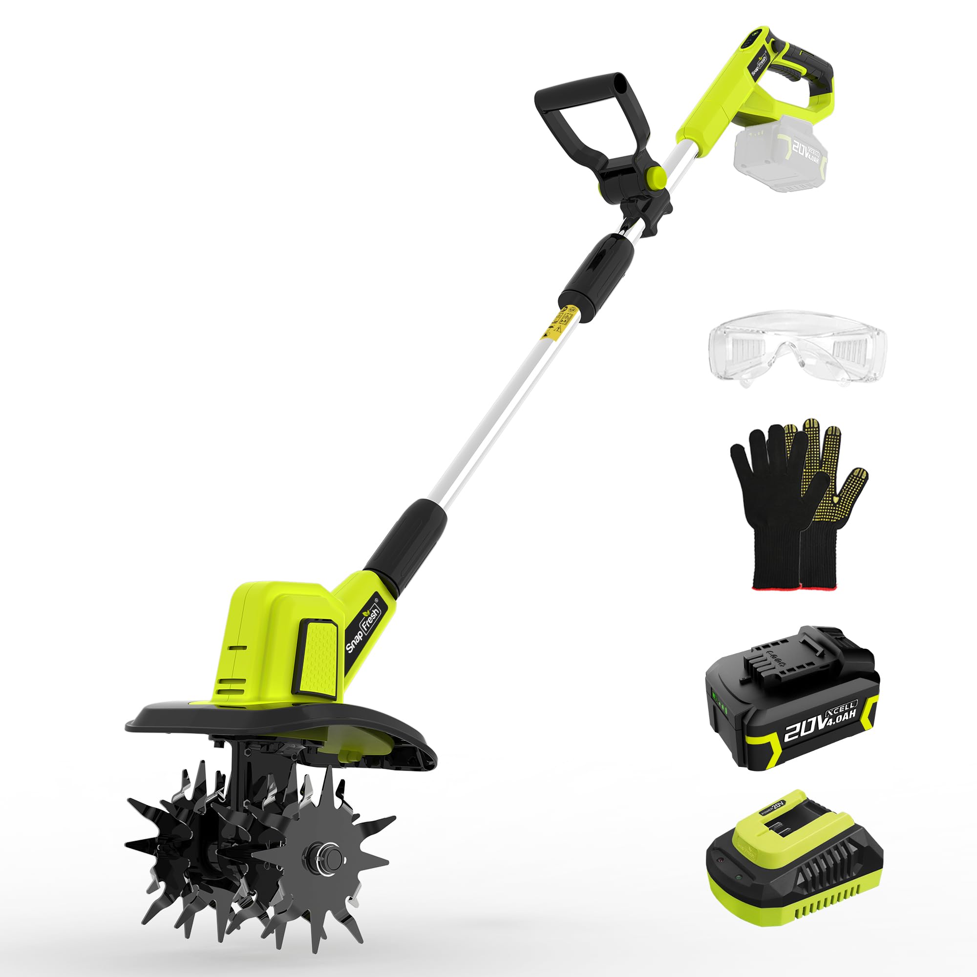 SnapFresh 20V Cordless Tiller Rotavator, 3-Speed Garden Cultivator with 4.0Ah Batteries & Fast Charger, 165mm Tilling Depth, 225mm Working Width, 300 RPM Electric Tiller for Lawn/Gardening/Soil
