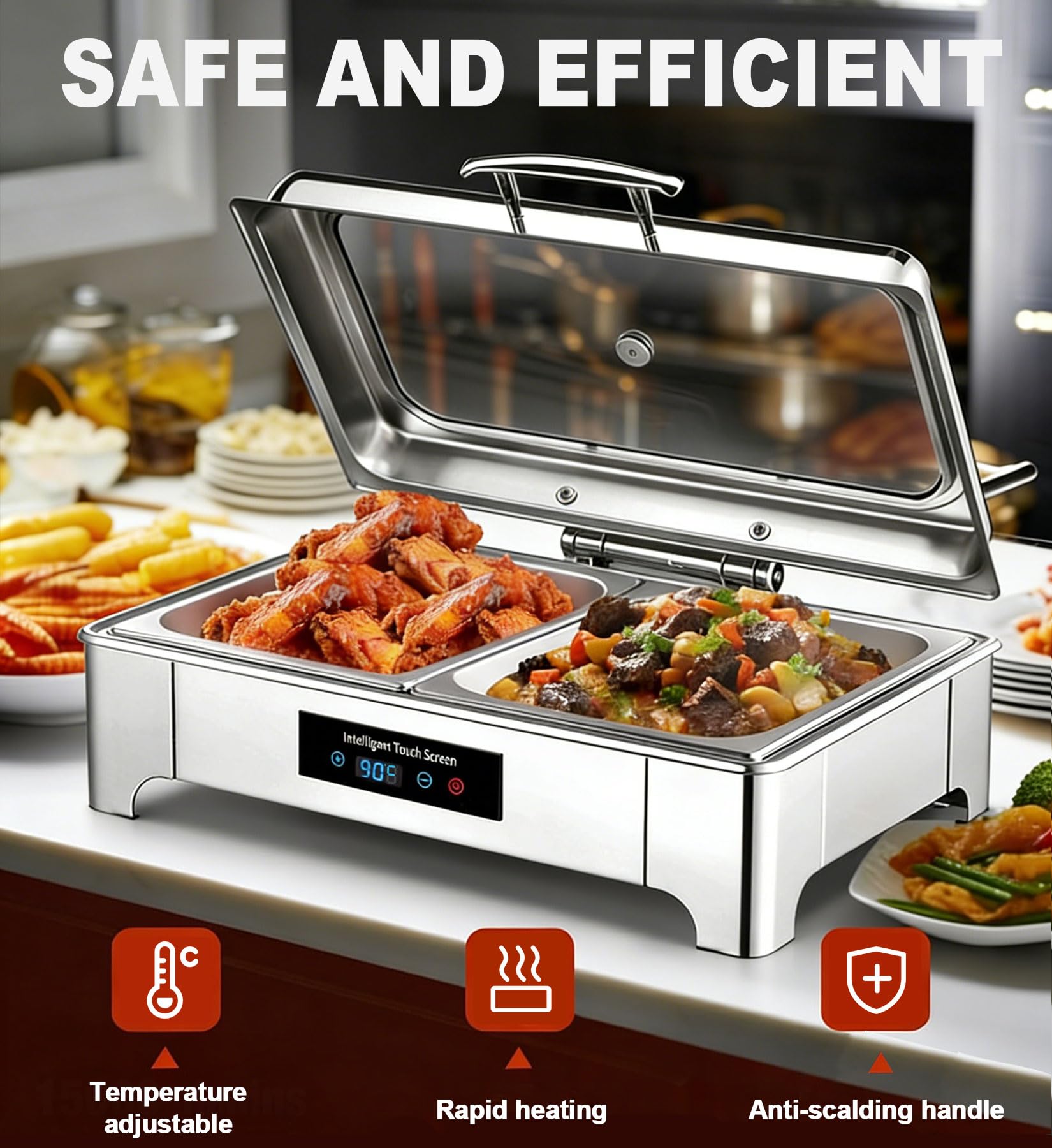 Chafing Dish Elettrico, 9L Scaldavivande Elettrico per Buffet con Coperchio in Vetro, Commerciale Contenitore Scalda Cibo Temperatura Regolabile 35-90°C per Buffet, Feste e Banchetti (GN1/3)