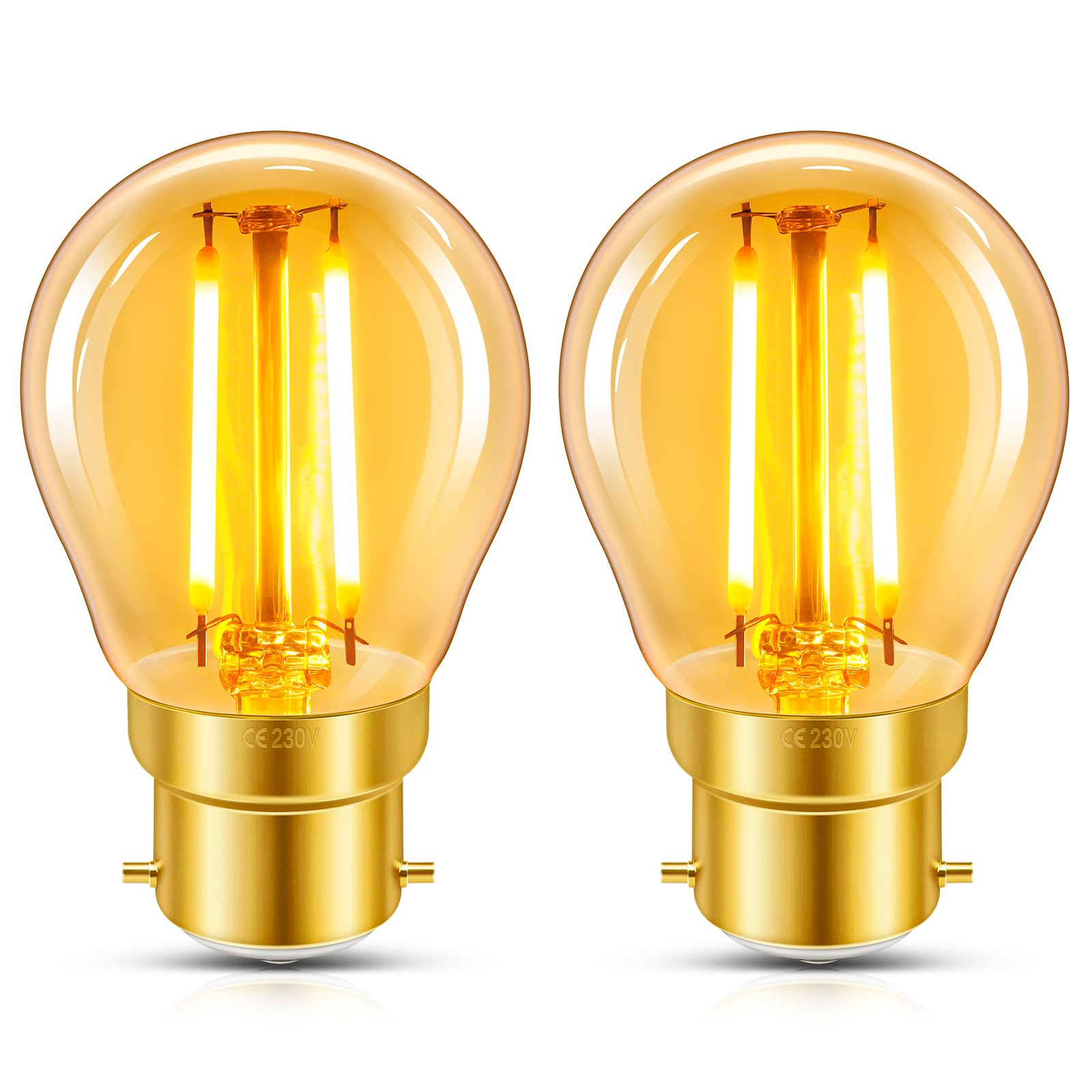 Caldarax B22 Bayonet Vintage Light Bulb, 2W LED Filament Equivalent 20 Watt, Antique Style Retro Amber Glass 2200K Warm White, 200LM, Non-dimmable, Golf Ball G45 Bulb, BC Bayonet Cap, 2 Packs — image 1