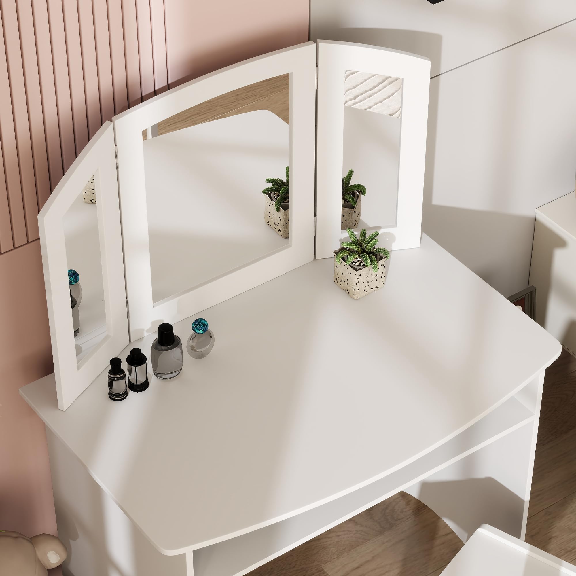AIYAPLAY Set da Trucco per Bambini 3-6 Anni, Tavolo Toeletta con Specchio Triplo Rimovibile e Sedia in Legno, Bianco
