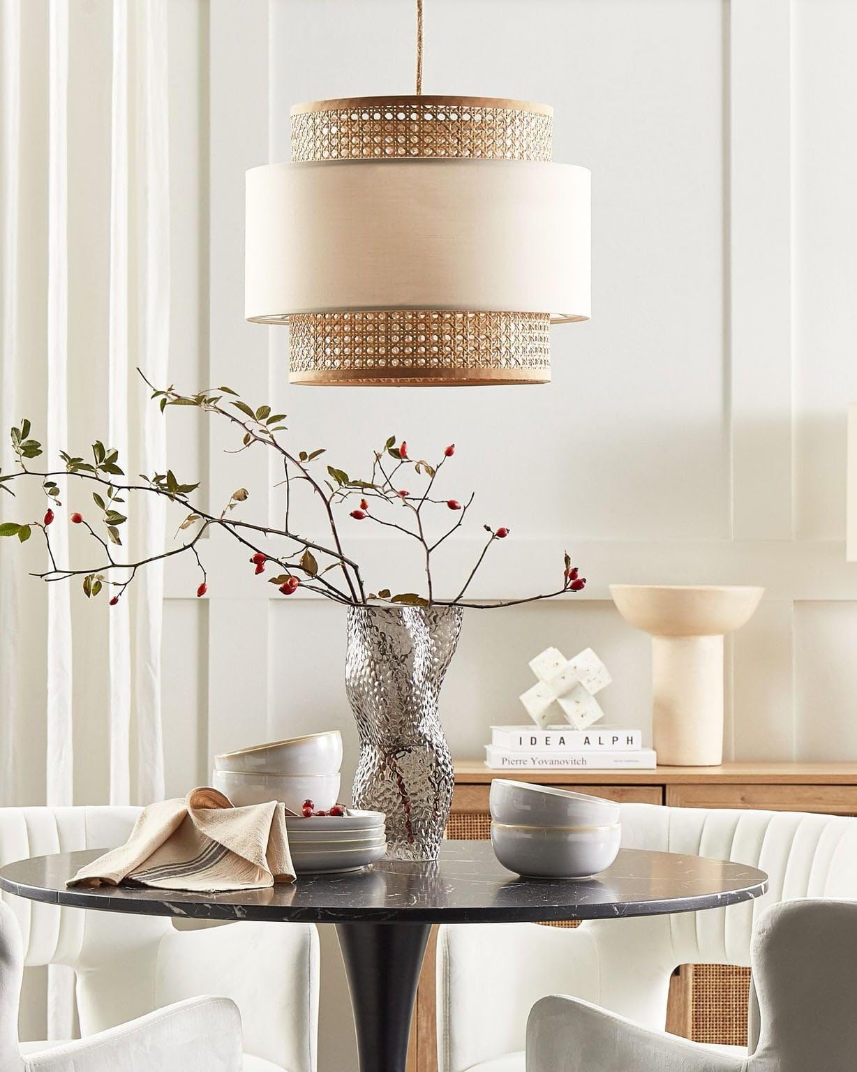 Beliani Lampada a sospensione illuminazione rattan naturale paralume beige