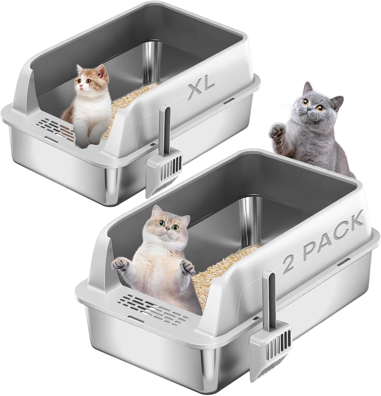 Homegroove 2 Pack Stainless Steel Cat Litter Box, 23" L x 15" W x 11" H XL Metal Litter Boxs for Big Cats with Lid High Sides, Metal Kitty Litter Boxes with Scoop, Easy to Clean (Light Grey)