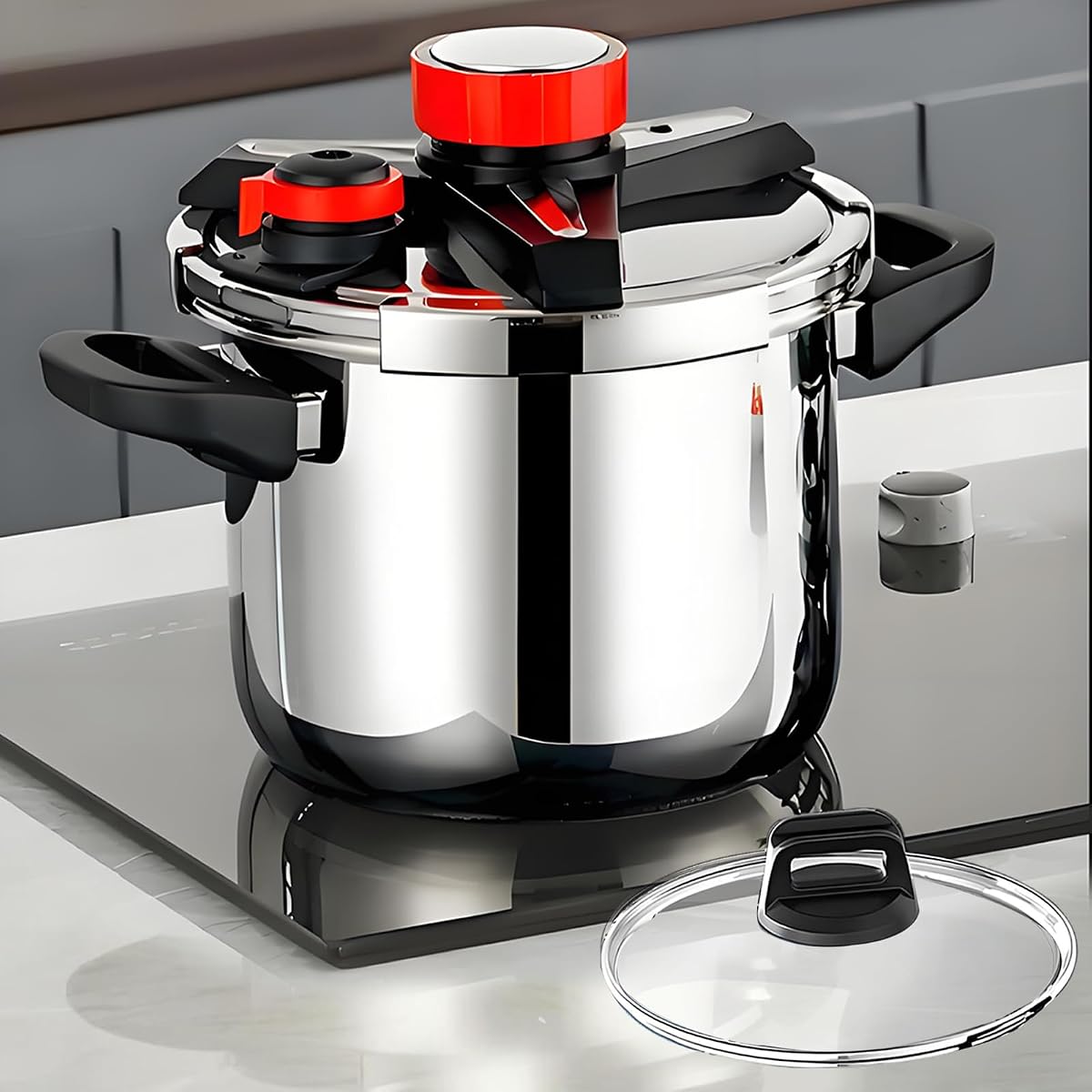 Olla a presión de 10 cuartos, olla a presión de acero inoxidable 18/8, olla de presión, configuración de 10/15 PSI, bloqueo con una sola mano, compatibilidad con estufas de gas e inducción, tapa de vidrio incluida