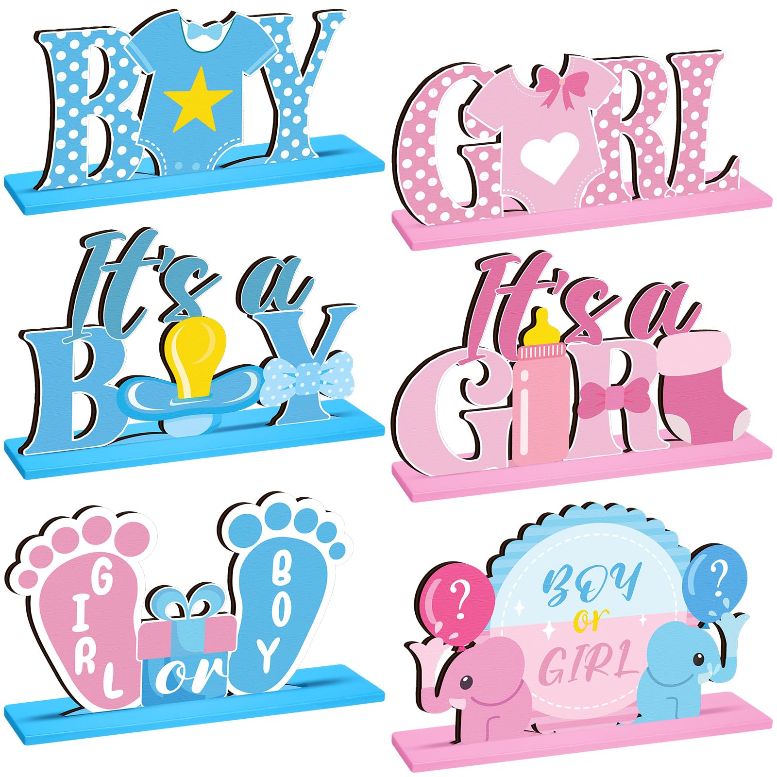 Photo 1 of Suzile 6 Pcs Baby Shower Centerpiece Wooden Gender Reveal Table Decorations Blue Pink Gender Reveal Party Decor for Unisex He or She Boy or Girl Baby Shower Pregnancy Newborn Party Supplies
