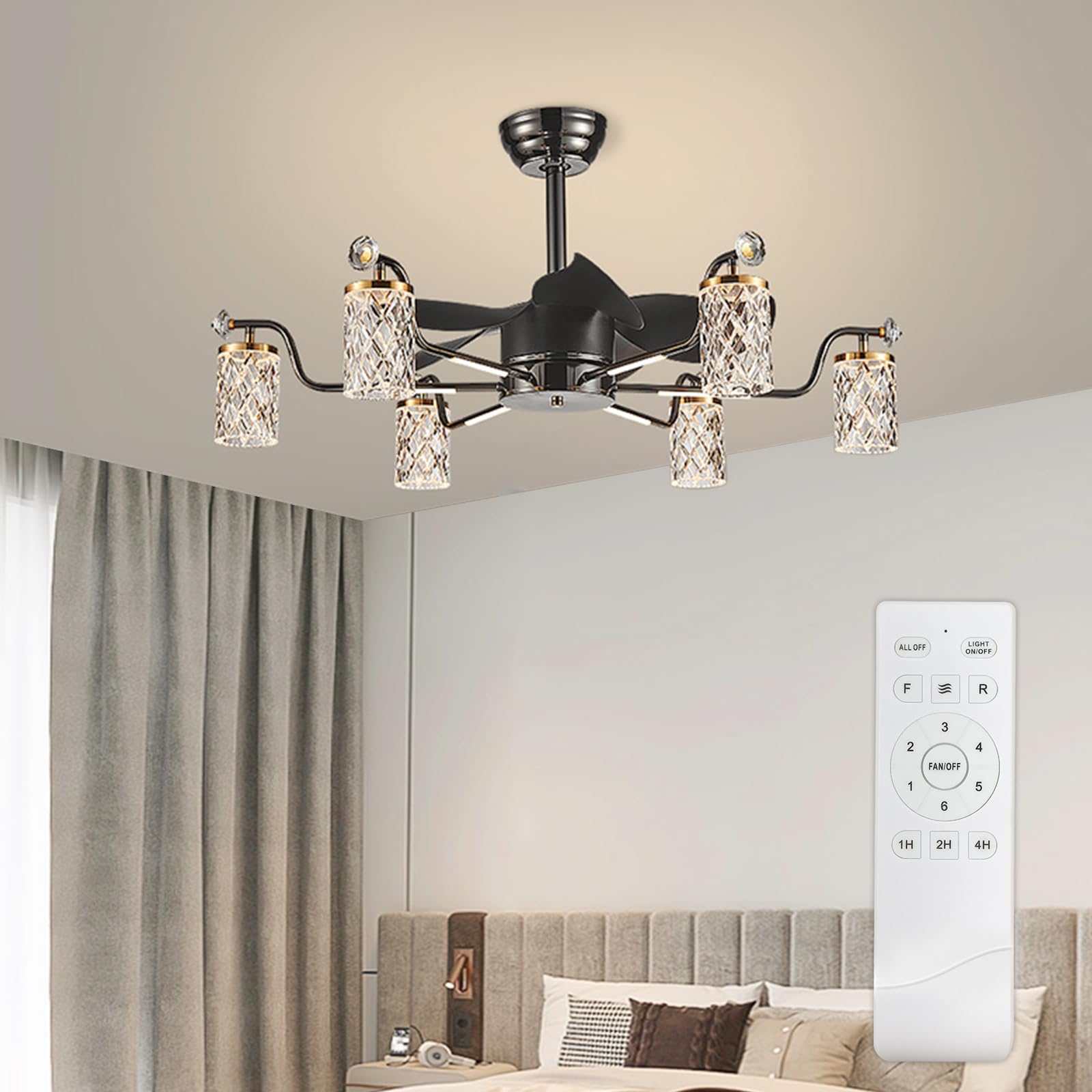 Depuley Chandelier Ceiling Fan for Bedroom: 35" Black Fandelier with 6-Lights and Remote - Chandelier Fan Ceiling Light Fixture for Living Dining Room - 3 Colors Light 6 Speeds Timing