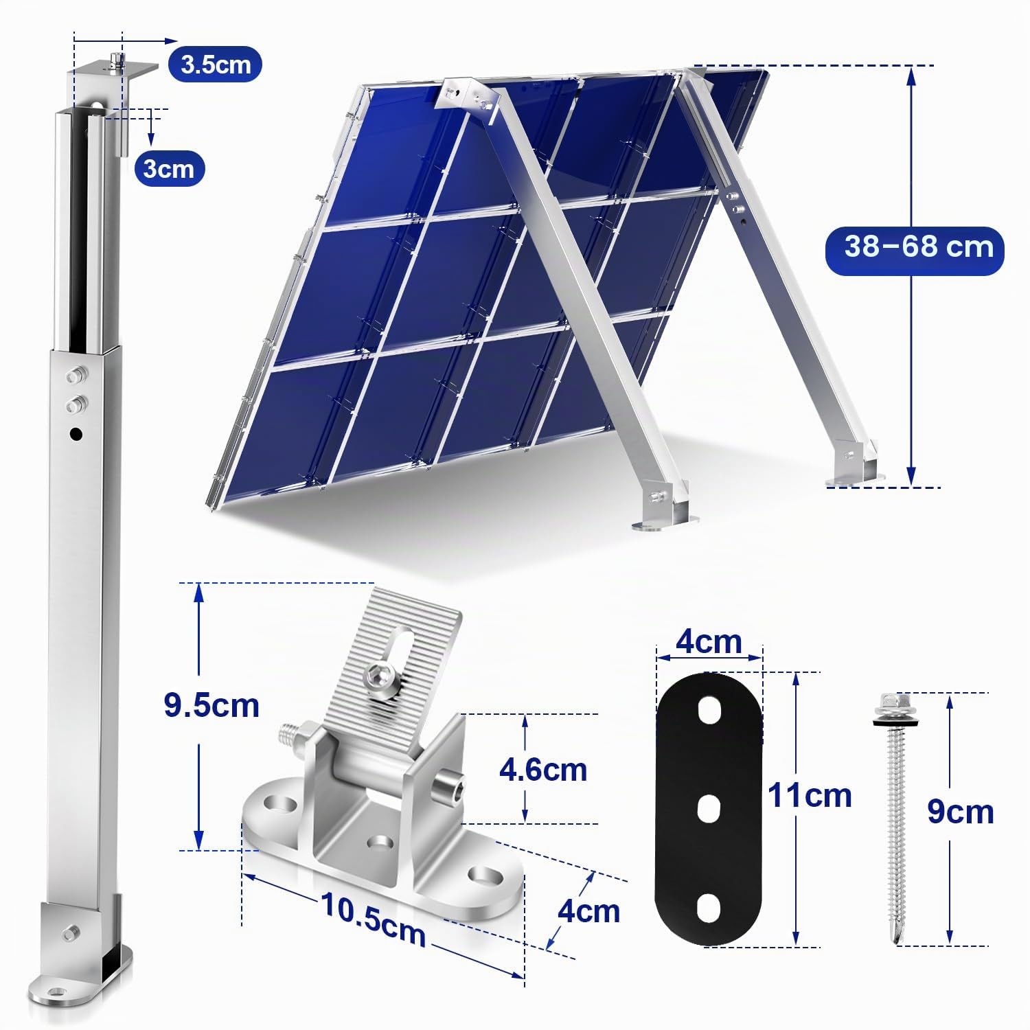 Solarpanel Halterung 4er Set 0-60° verstellbar Aluminium | Aufständerung 38-68 cm höhenverstellbar, Solarmodul Halterung für Balkonkraftwerk, Flachdach, Wand, Wohnmobil & Boot