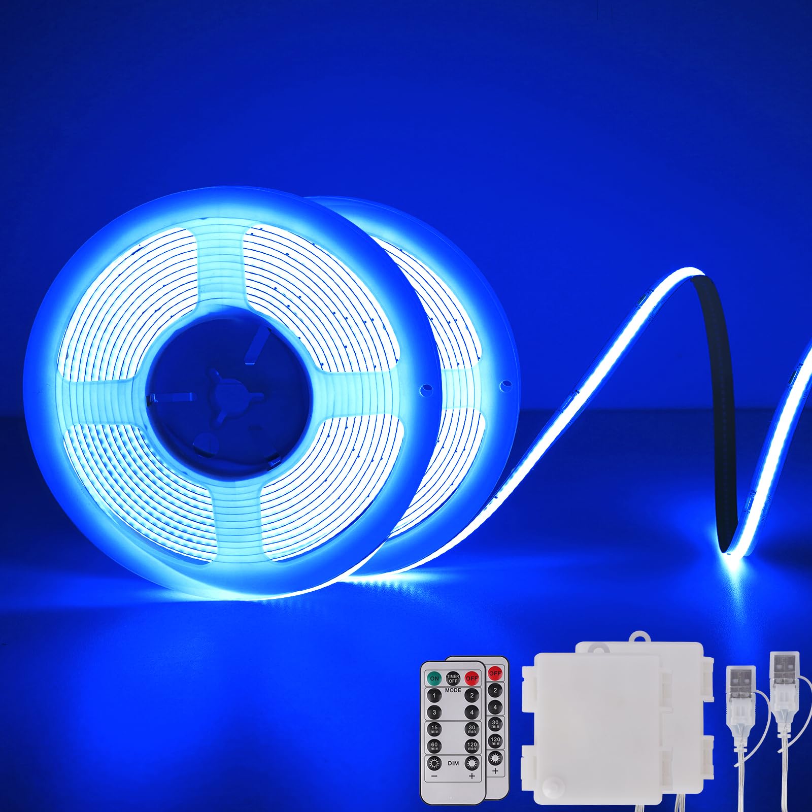 StarryEver Blue COB LED Strip Lights Battery Powered with Remote, 2M 640LED Light Strip Dimmable Cuttable Flexible Wireless LED Tape Light for DIY Display, Back Light Design, Kitchen (2 Pack)
