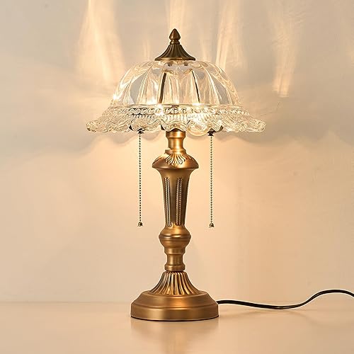 HDDFL Lámpara de mesa con pantalla de vidrio, lámpara de escritorio de metal de latón vintage, 2 luces, luz de mesa con interruptor de enchufe para