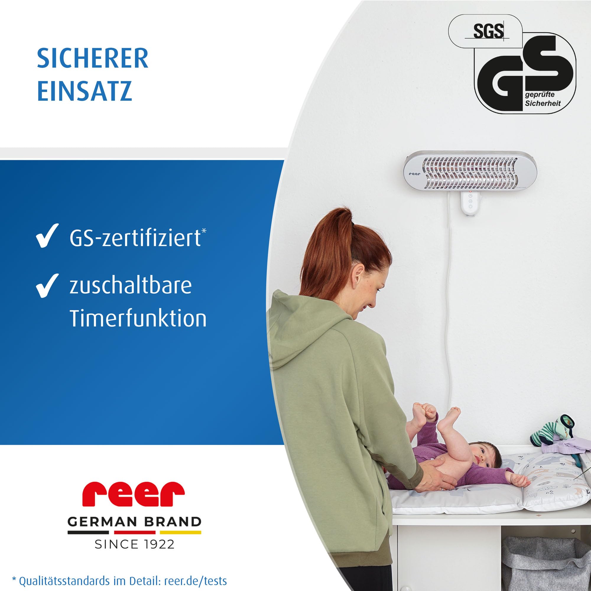 reer HeatCare+ Wickeltisch-Wärmestrahler | EcoHeat Carbon Heizelement | Infrarot-Heizstrahler mit neigbarem Kopf | Wärmespender für Babys | Energiesparend | Wandgerät mit Fernbedienung