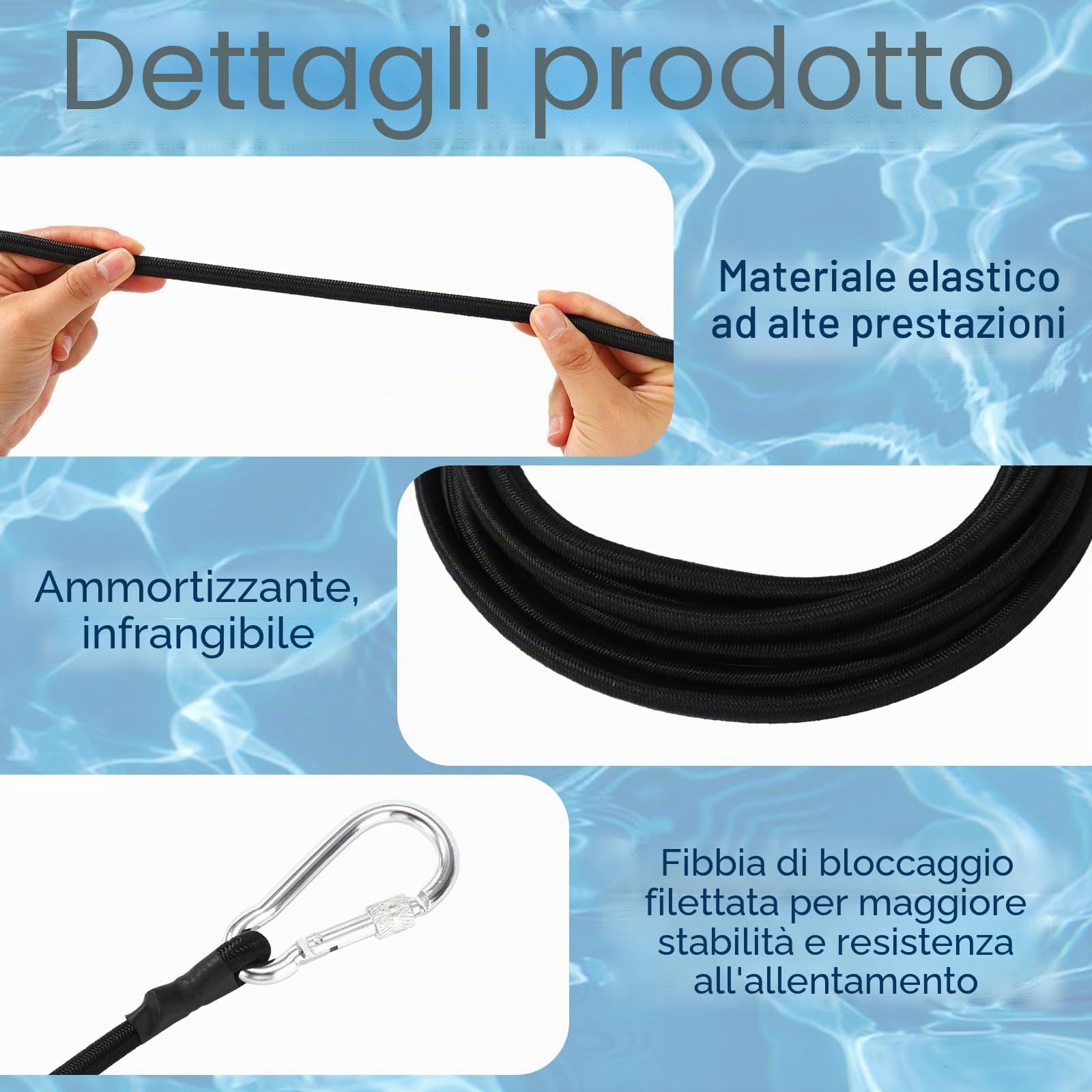 Corda Elastica per Barca, Premium 3m Materassino Galleggiante Corda Elastica con 2 Moschettoni Pratici Accessori Materassino Galleggiante per Ormeggio Sicuro (Nero)