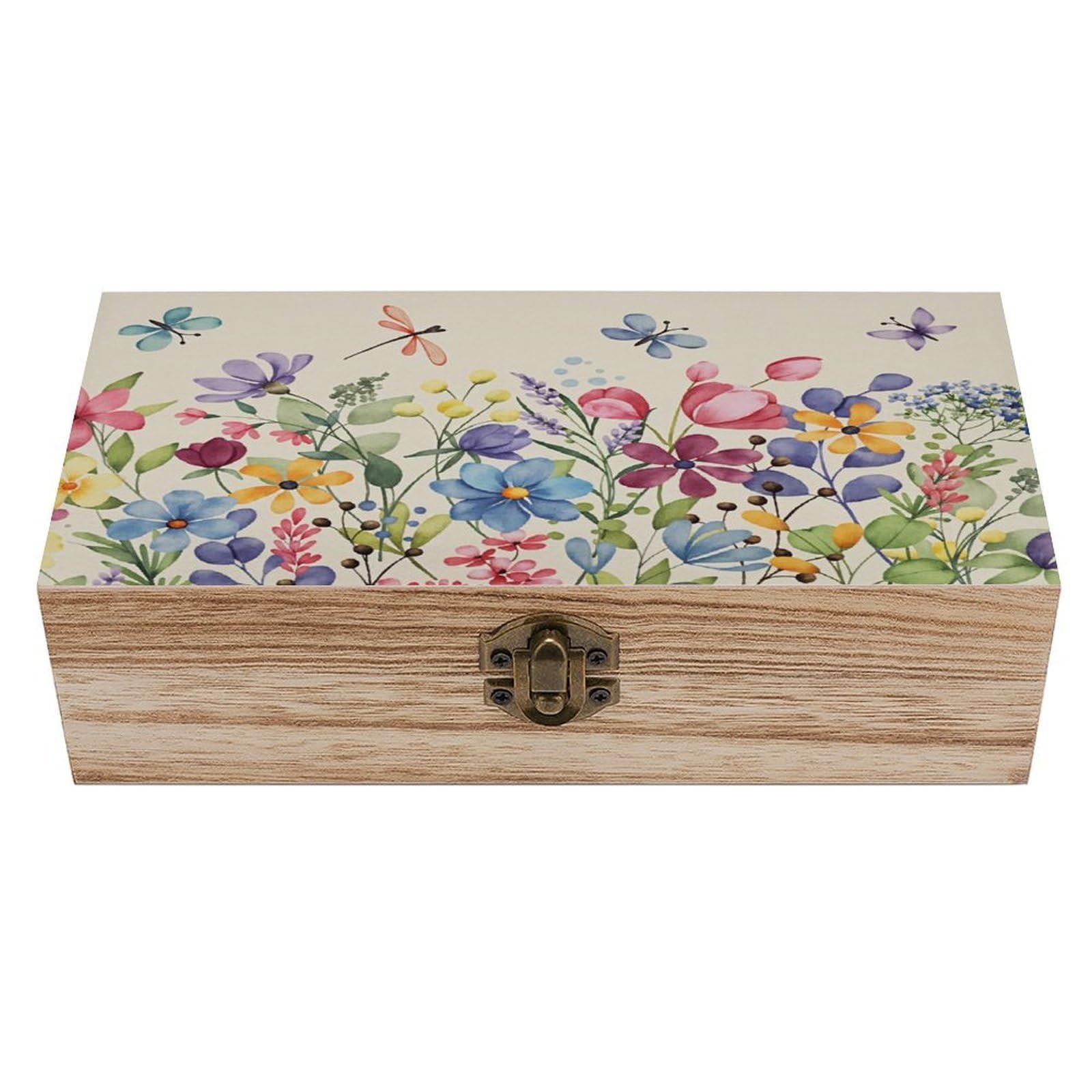 Watercolor of Colorful Flowers And Butterflies Vintage Wooden Keepsake Box with Hinged Lid And Locking Clasp, Decorative Storage Box for Jewelry, Trinkets And Small Accessories, Organizer for Home Or