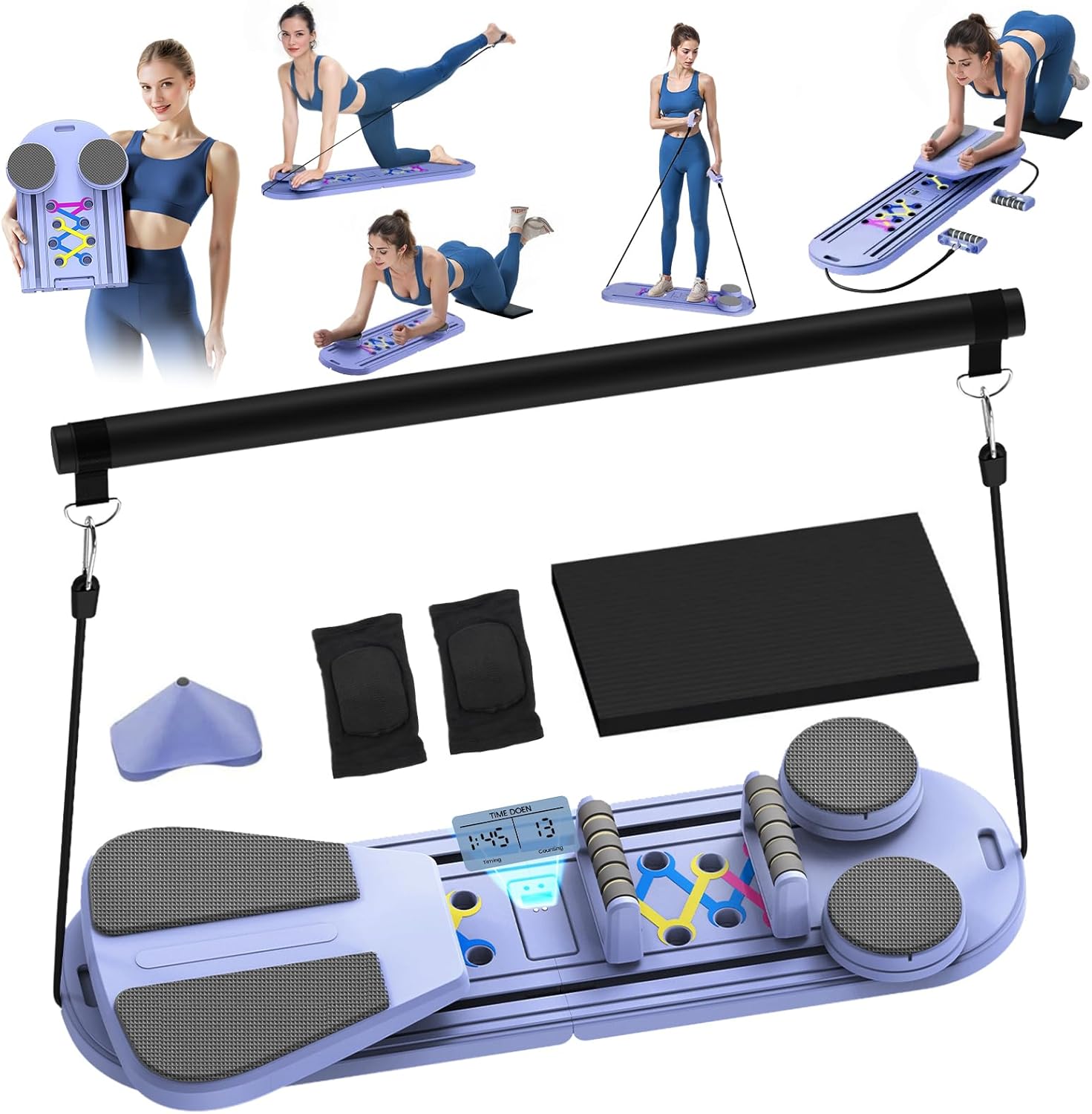 Pilates Board, Foldable Pilates Reformer Set with Timer, 8-in-1 Multi-Purpose Portable Pilates Machine for Home Workout, Pilates Reformer Kit for Full Body Workout, Abs Trainer, Core Strength Purple