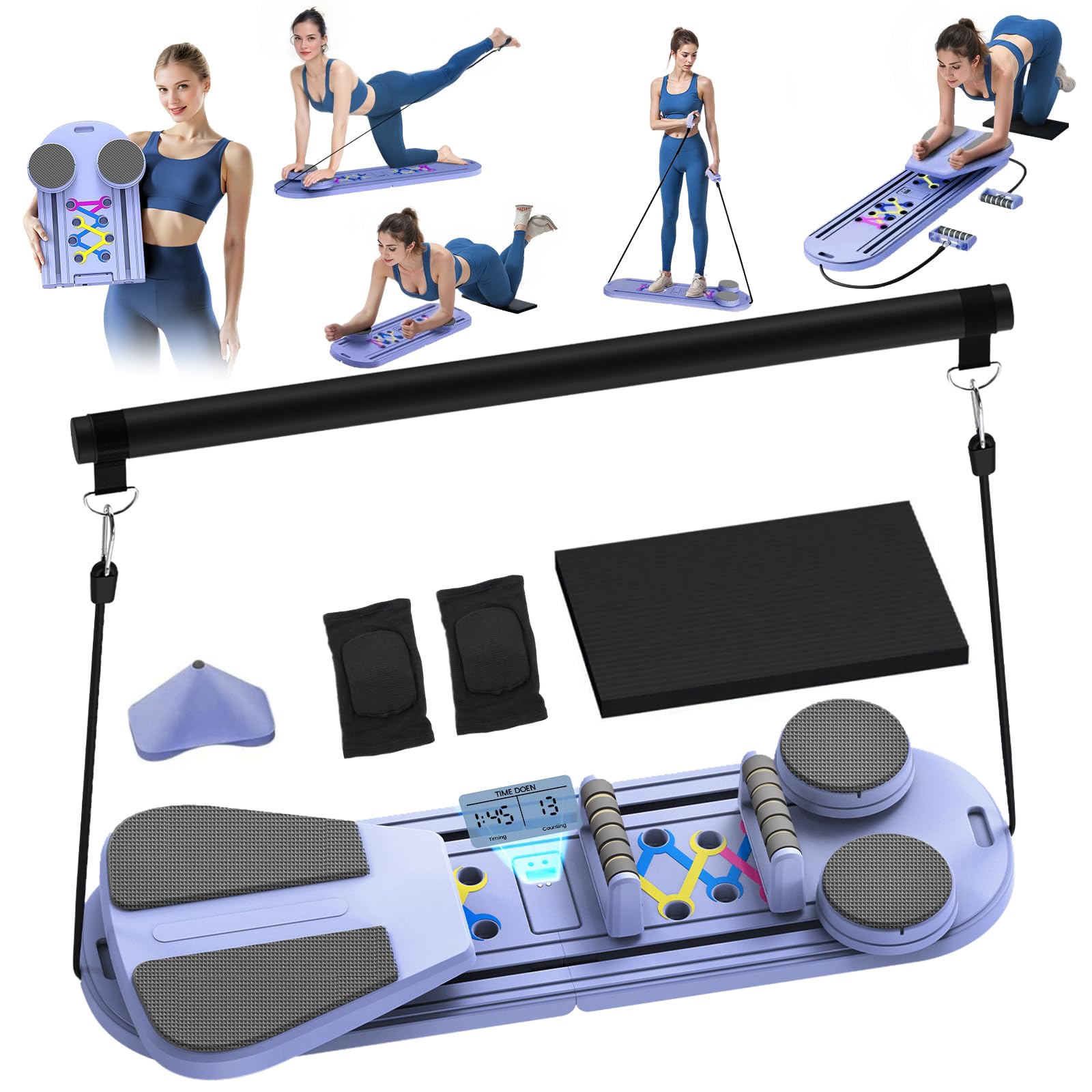 Pilates Board, Foldable Pilates Reformer Set with Timer, 8-in-1 Multi-Purpose Portable Pilates Machine for Home Workout, Pilates Reformer Kit for Full Body Workout, Abs Trainer, Core Strength