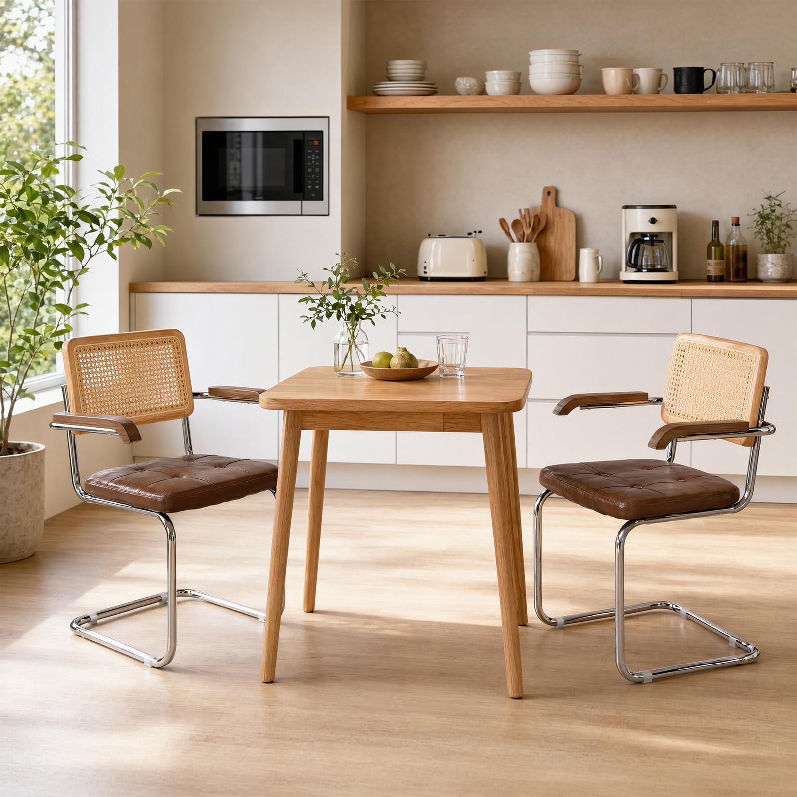 EGGREE Pack de 2 Sillas de Comedor de Ratán con Reposabrazos y Estructura de Hierro Galvanizado, Sillas Tapizadas en PU para Salas de Reuniones, Oficinas y Comedores, G02-Marrón