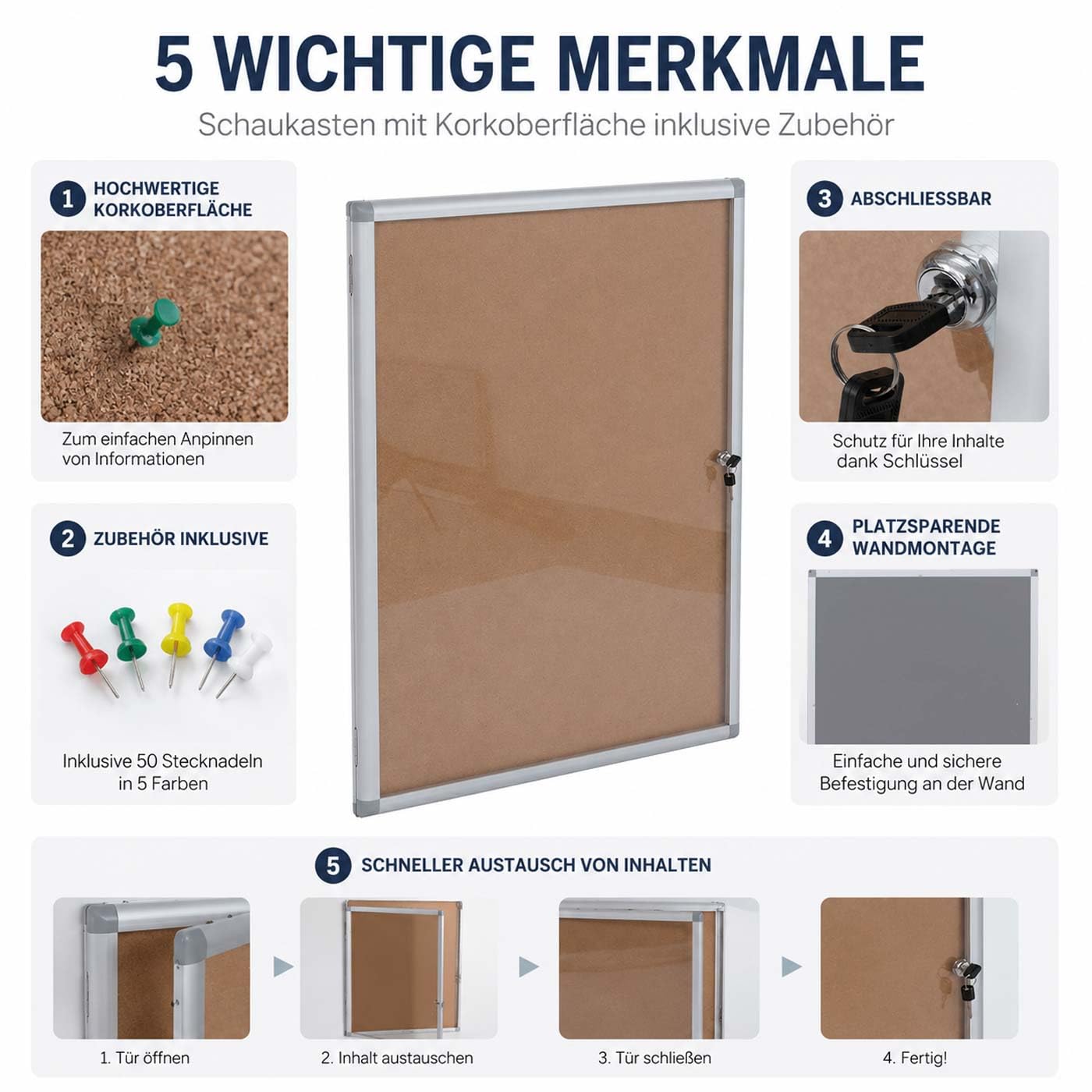 Vitrina HWC-Q51, tablón de notas con superficie de corcho, aluminio con cerradura, incluye accesorios, 95 x 68 x 7 cm