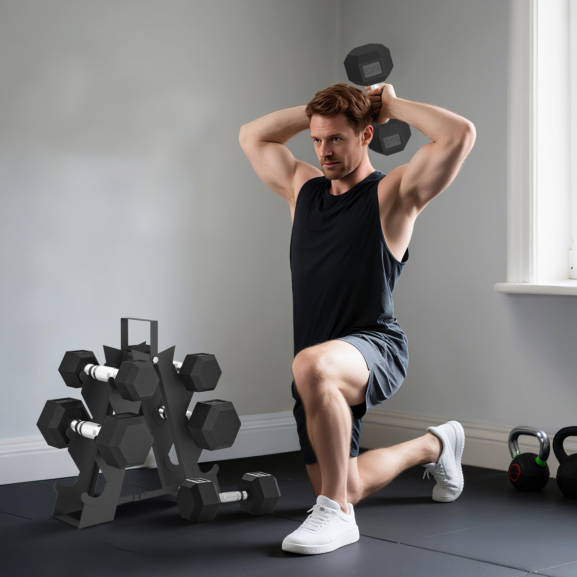 SPORTNOW Set di Manubri Palestra con Supporto, Peso Totale 30kg/36kg, Pesi Palestra Esagonali in Metallo con Impugnatura Antiscivolo, Allenamento Forza Fitness Casa, Nero