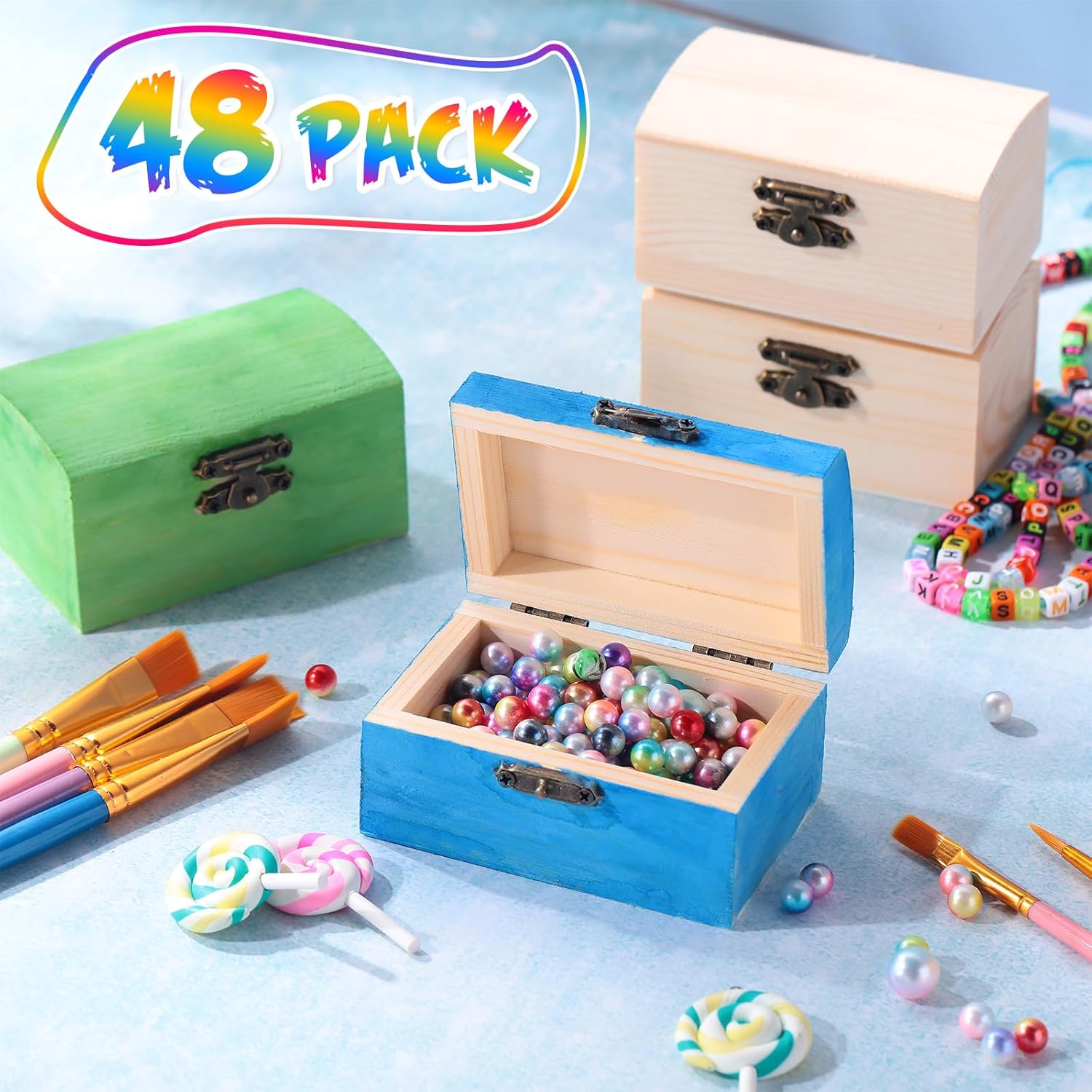 Chumia 48 Pcs Unfinished Wooden Craft Boxes with Paintbrushes Small Wooden Boxes Small Treasure Chest with Lid and Clasp Wood Storage Box for DIY Baby Shower Pirate Decor, 3.5 x 2.2 x 1.8 Inch