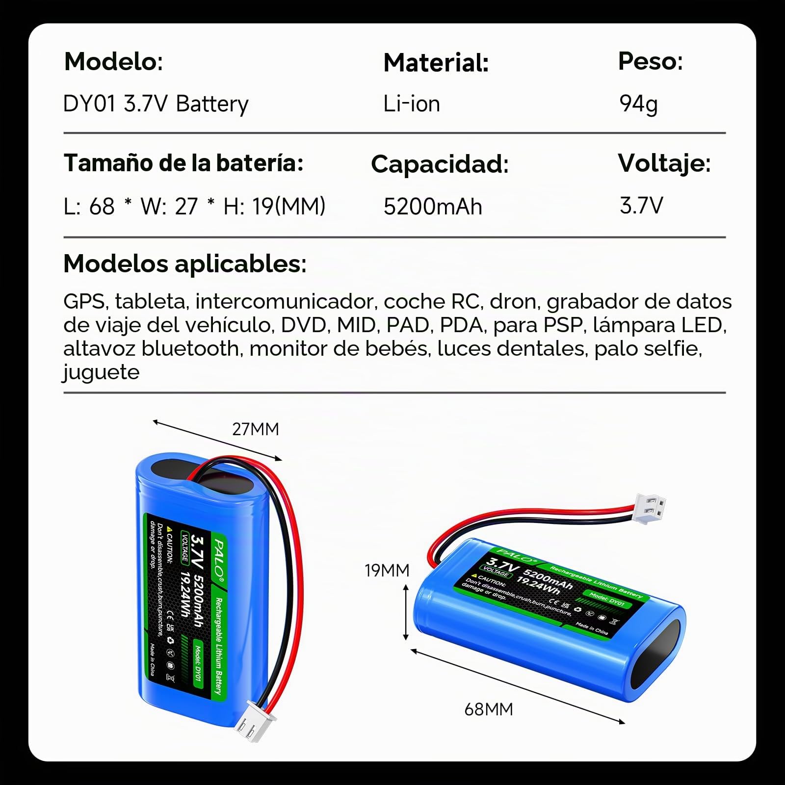 CITYORK (2-Pack) 3,7 V/5200 mAh XH2,54/2P Recargable Batería, para 3.7V Solar inalámbricas cámaras de vigilancia, Juguetes RC, Bluetooth, Amplificadores, Radio, iluminación, circuitos inalámbricos