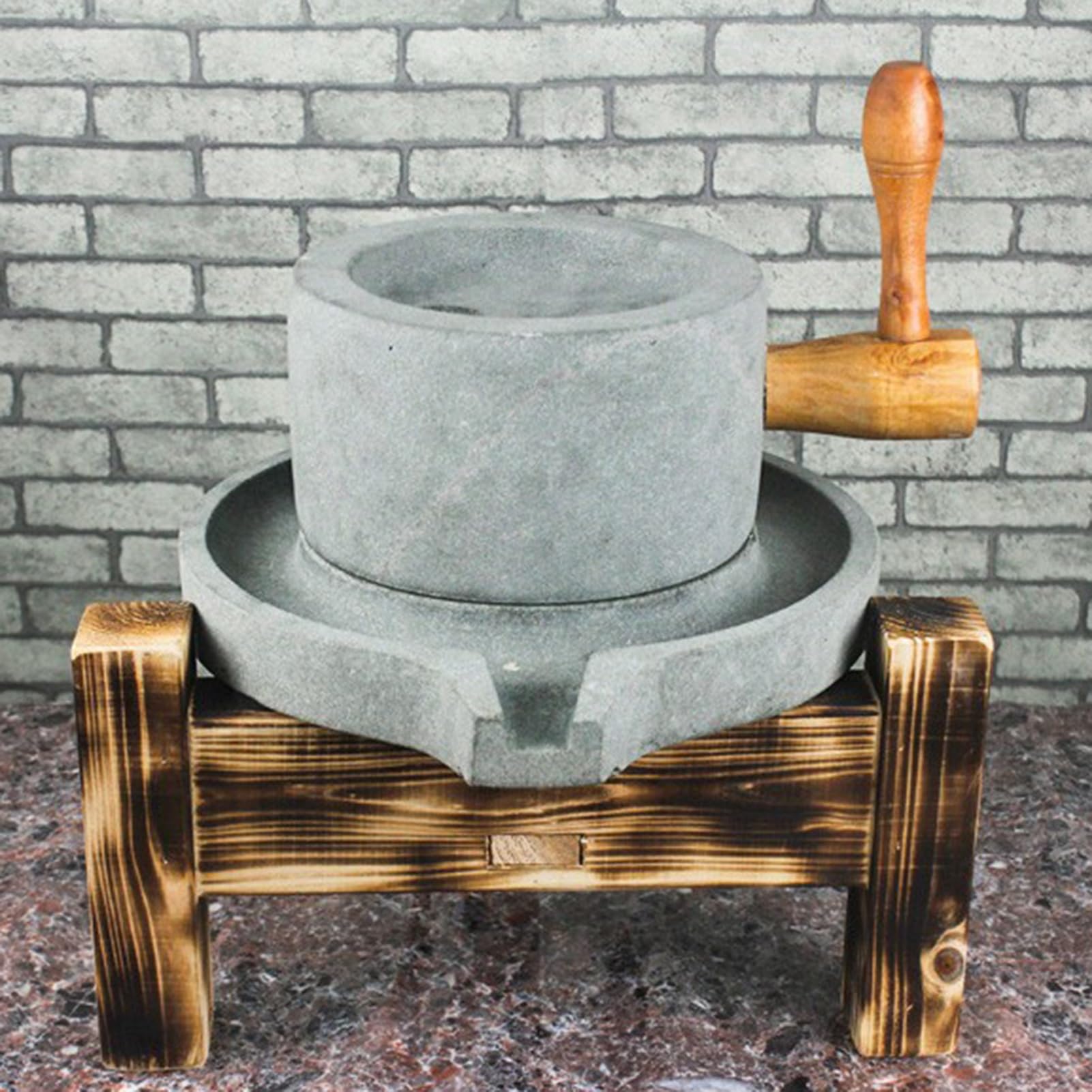 Mulino a Pietra Industria Mulino Manuale per Pasta Alimentare con Telaio in Legno, Polverizzatore per Cereali a Manovella per Succo di Riso/Mais, Umido Secco Cereali Macinatore in Pietra Blu(20cm x