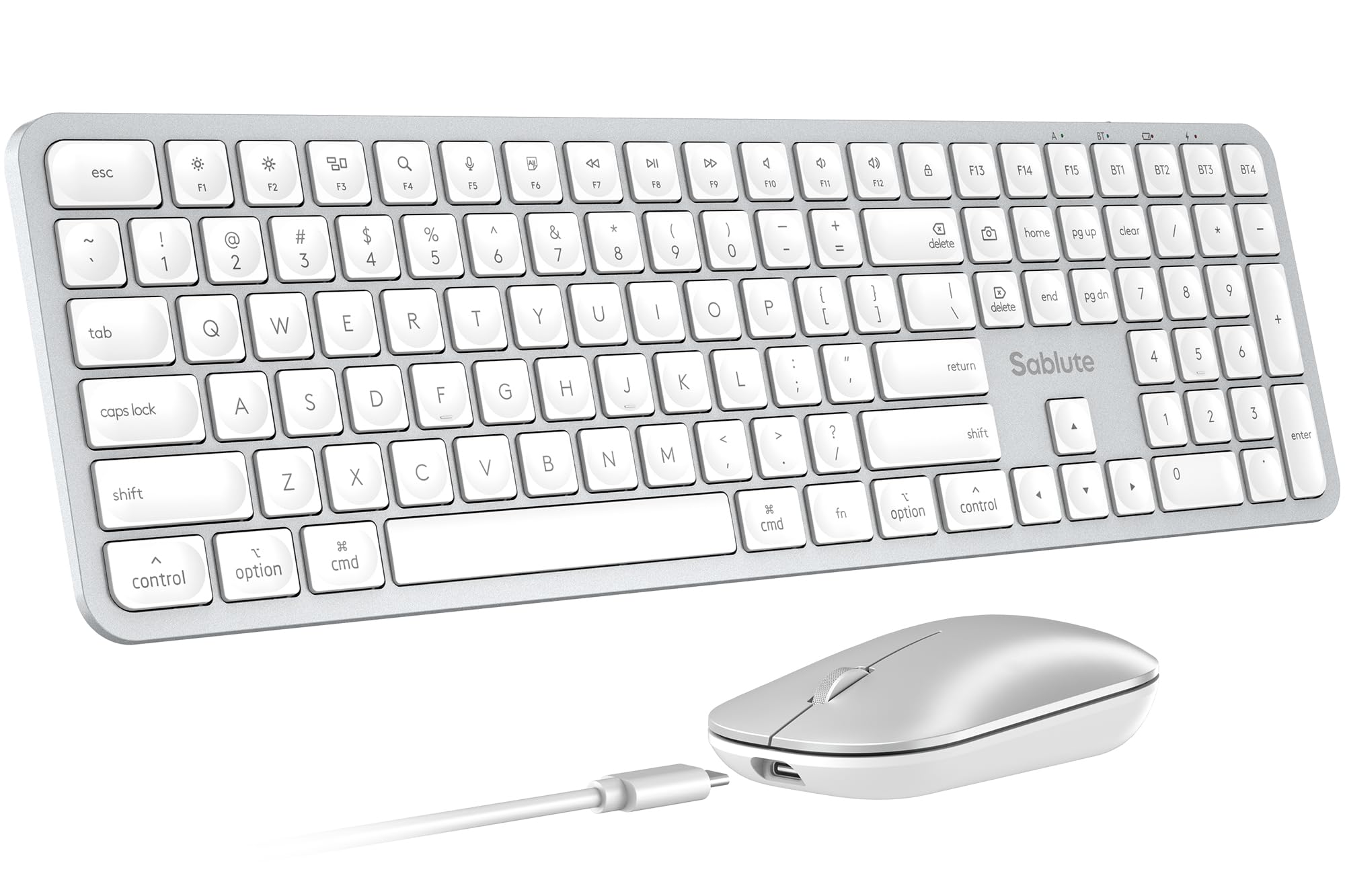 SABLUTE Teclado y mouse Bluetooth para Mac, combo de teclado inalámbrico recargable para múltiples dispositivos, textura metálica, tamaño completo para MacBook Pro/Air, iMac, iPad (blanco plateado)