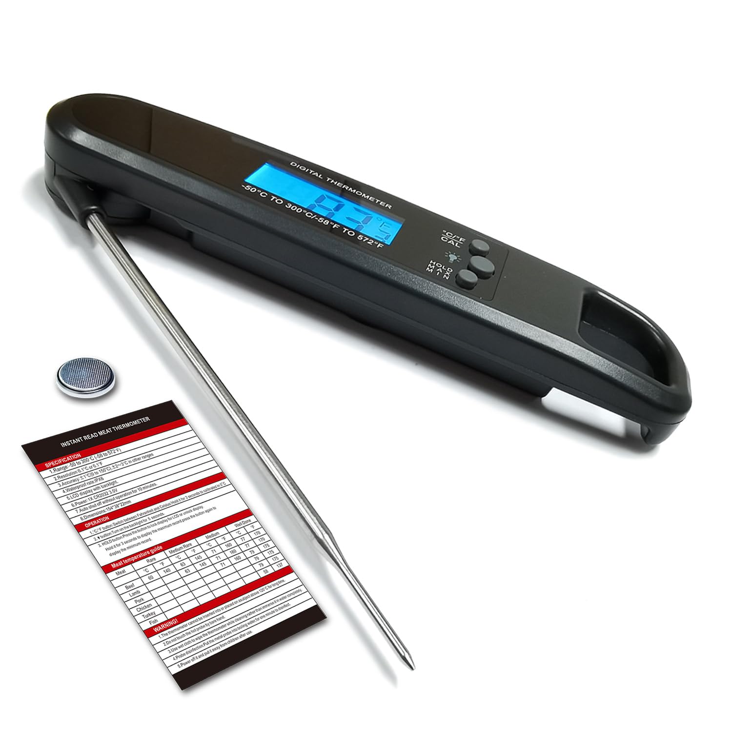 Instant Read Digital Meat Thermometer for Cooking - Fast, Accurate & Durable | Magnet, Backlit LCD, Calibration, Foldable Probe.