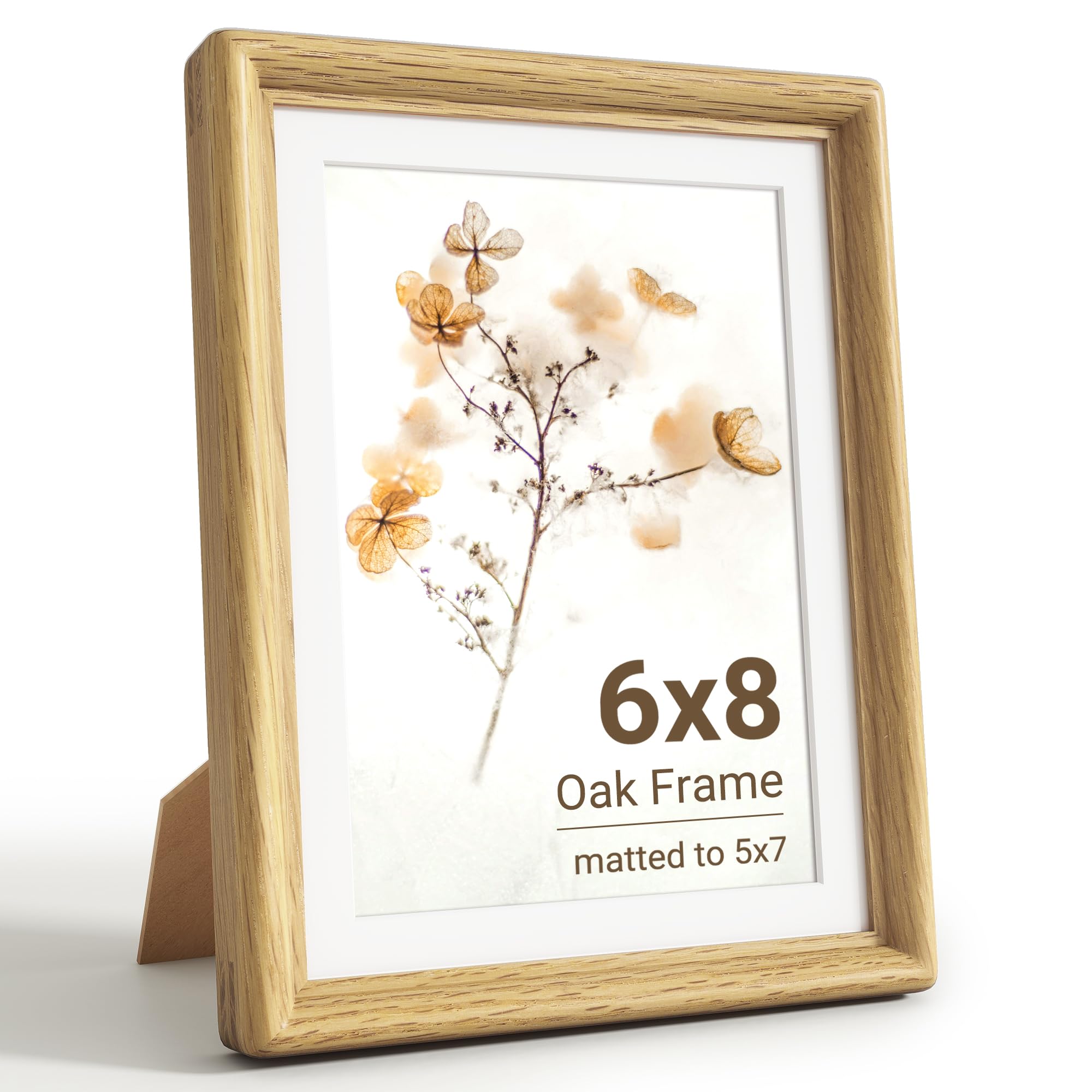 KovaScape 6x8 Photo Frame, Solid Oak Wood Picture Frame with HD Tempered Glass, Handcrafted Real Wood Frame with Mount for 5x7 Photo, Rounded Corner Design, Wall Hanging or Tabletop Display