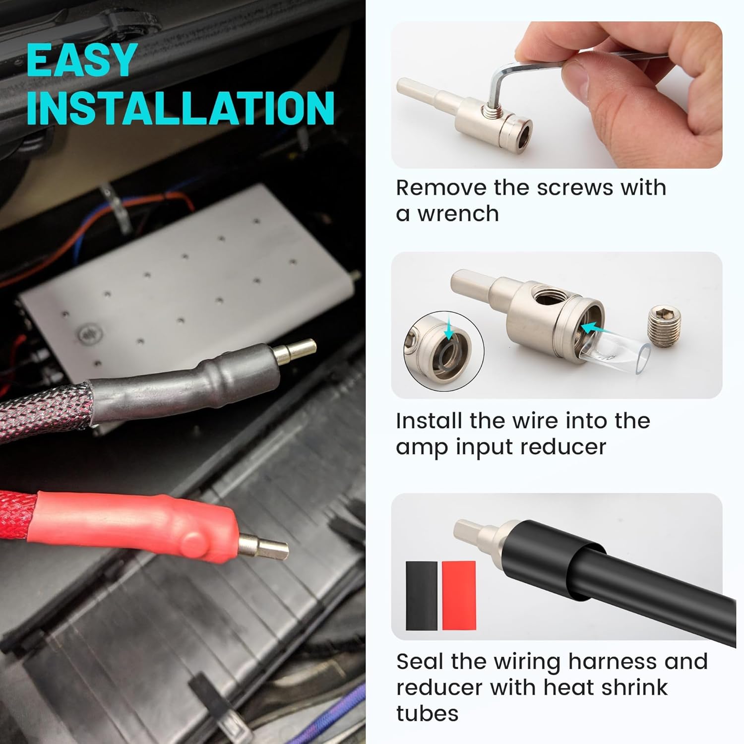 NuIth Amp Input Reducer 8 Gauge to 10 Gauge, 4PCS Car Audio Amplifier Wire Terminal Connectors Brass with Heat Shrink Tubing Allen Key for Amp Input, AWG Pin Power & Ground Connection